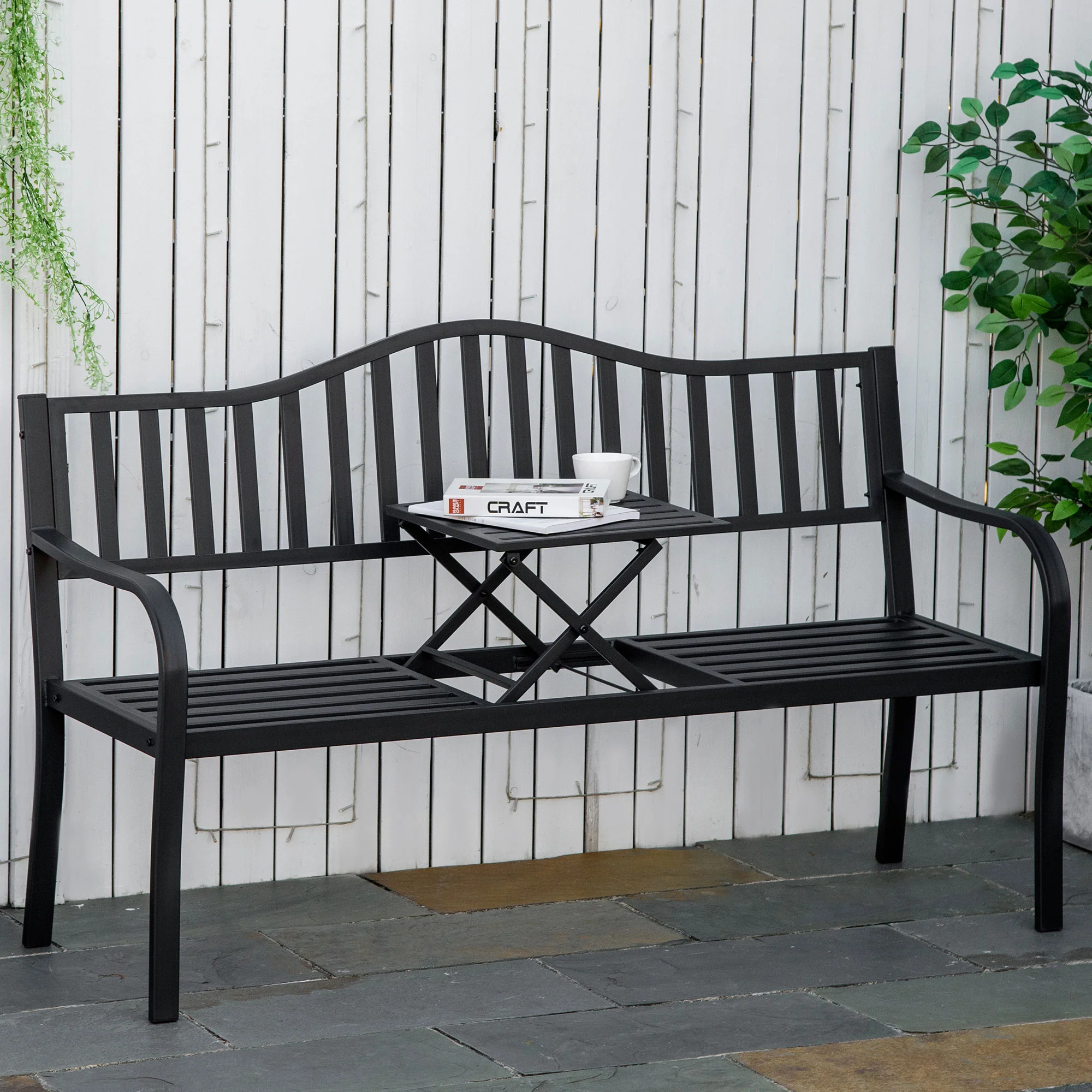 Outsunny Tuinbank met uitschuifbare tafel voor 2-3 personen Metalen parkbank Zitbank Terrasbank met rugleuning en armleuningen Tuinmeubels Zwart 150 x 58.5 x 90 cm