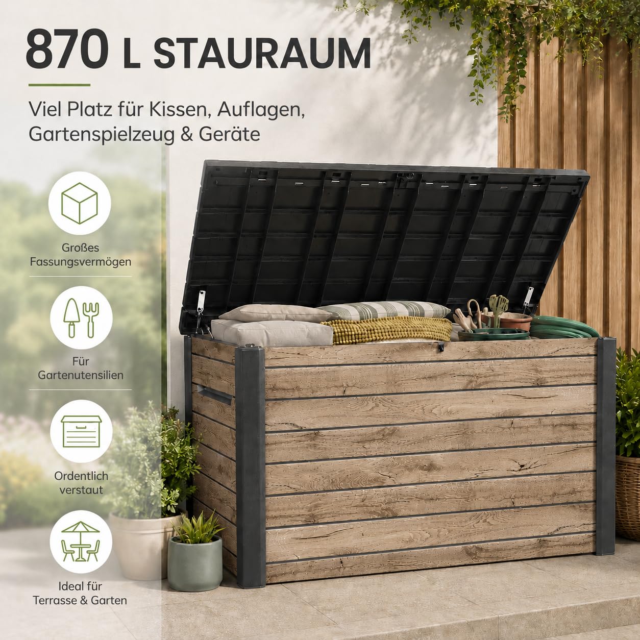 Gartenbox 870 L aus Kunststoff in Holzoptik Pinie, 147 x 83 x 86 cm, mit Gasdruckfedern und abschließbarem Deckel