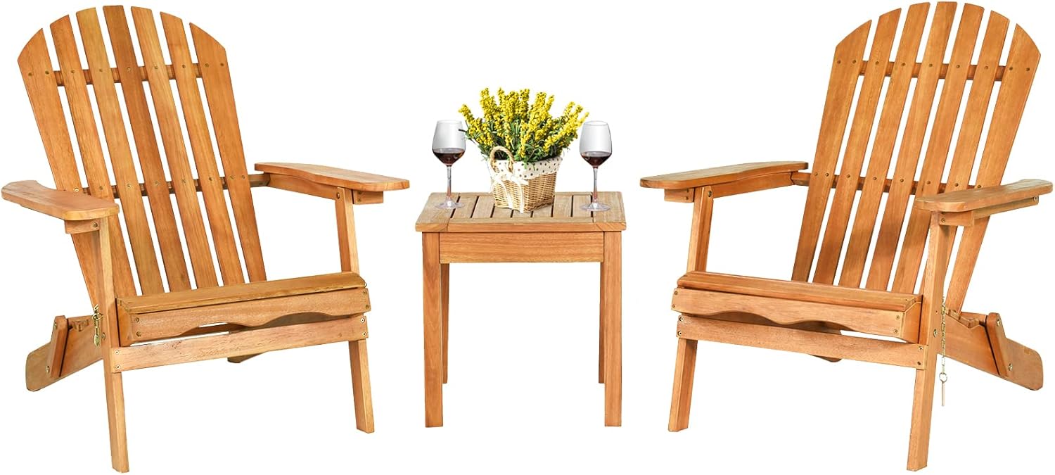 COSTWAY Adirondack 3 Piece Wooden Chairs and Side Table Set Folding Deck Chairs and Side Table with Slatted Design, Wooden Outdoor Furniture for Garden, Patio, Natural