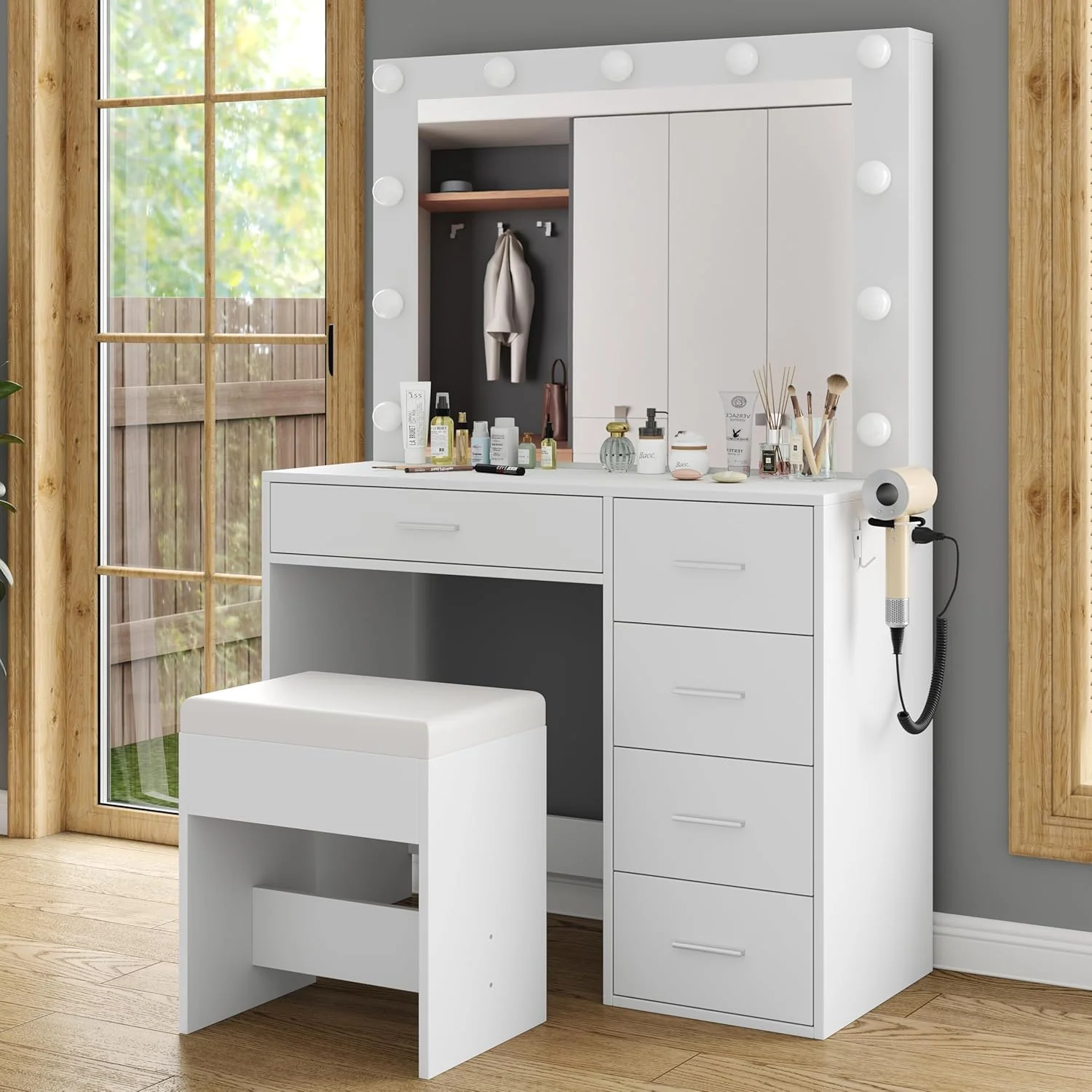 Desk with Power Outlet, 37''W Make Up Vanity with Lighting Mirror, 3 Lighting Modes Adjustable, 5 Drawers Dressing Table for Bedroom, Dressing Room, Live Broadcast Room, Black
