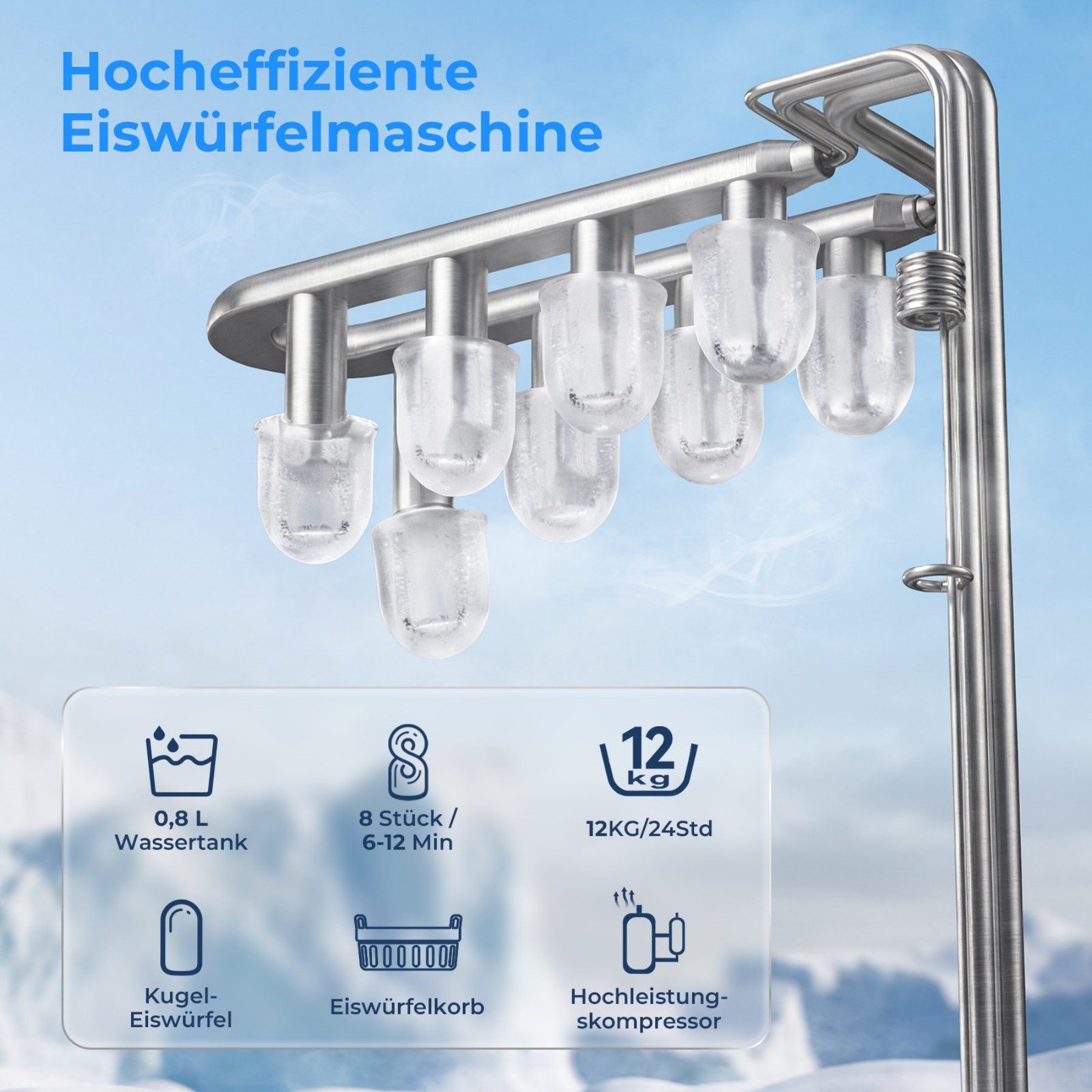 Eiswürfelmaschine Tragbarer Eiswürfelbereiter,9 Eiswürfel in 6 Minuten,12 kg/24 H