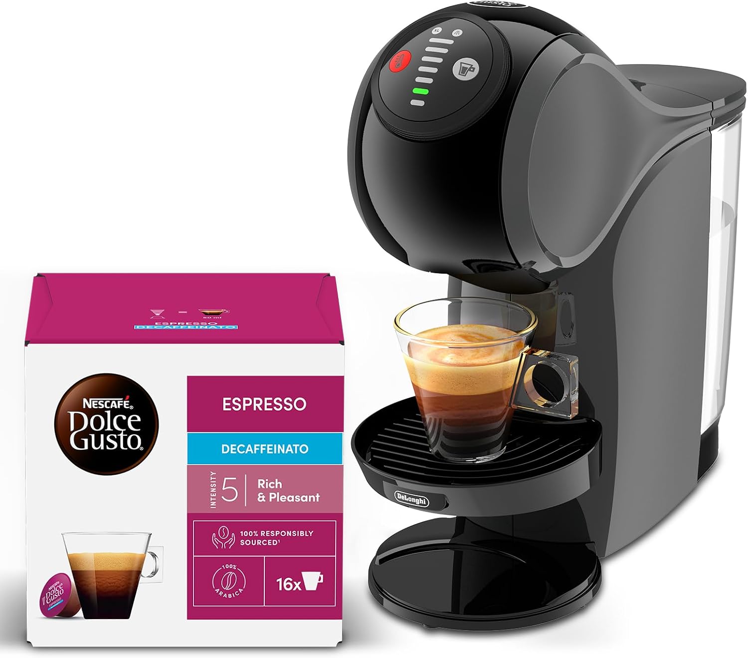 NESCAFÉ DOLCE GUSTO De'longhi Genio S, Macchina per Caffè Espresso e Altre bevande in capsula, Automatica, Antracite + Espresso Decaffeinato Caffé 96 capsule