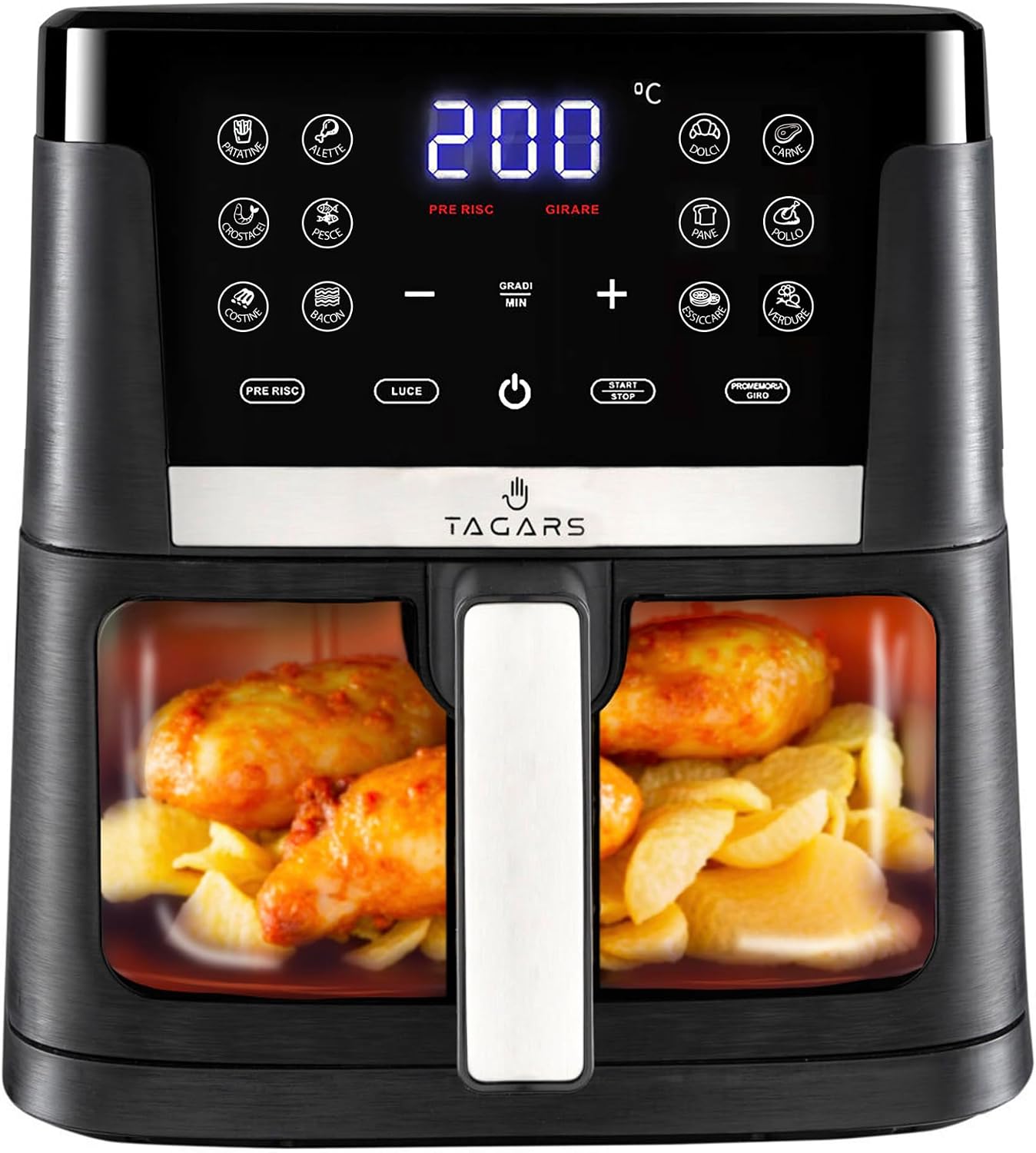 Friggitrice Ad Aria Calda XL Da 7 Litri Con Display Digitale Touch, Finestra Di Controllo In Vetro, Sistema A Riscaldamento Rapido, 12 Programmi Di Cottura, Timer E Potenza 1800 W