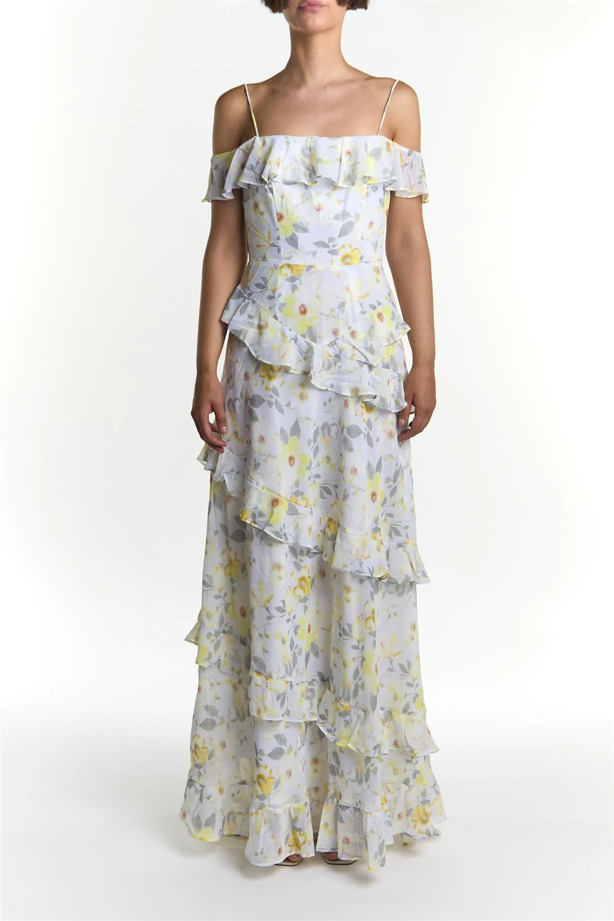 Grey-Soft-Floral Drew cold shoulder ruffle dress
