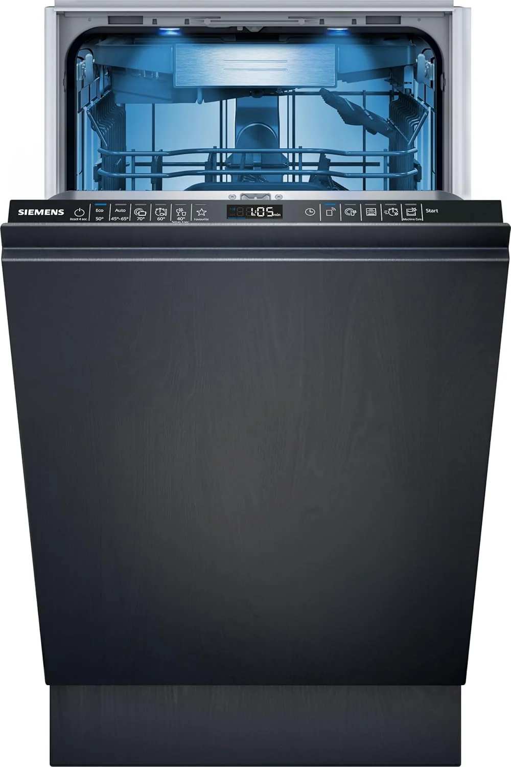 Siemens SR65YX08ME, iQ500 Smarter Geschirrspüler Vollintegriert, 45 cm breit, Besteckschublade, Zeolith, extra leise, aquaStop, automatische Türöffnung nach Programmende, varioSpeed, Innenbeleuchtung