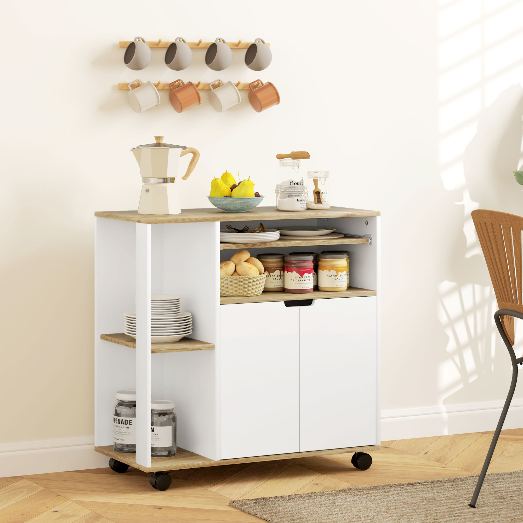 HOMCOM Rollender Küchenwagen mit Stauraum, Schrank, verstellbare Regale, für Küche, Wohnzimmer, Esszimmer, Weiß