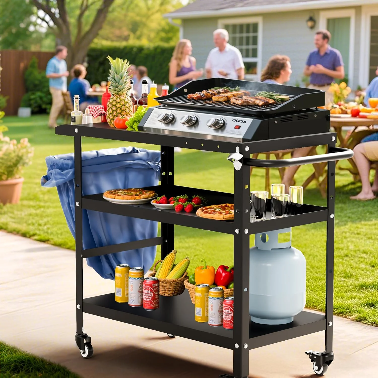 Outdoor Grill Cart with Wheels BBQ Prep and Pizza Oven Table