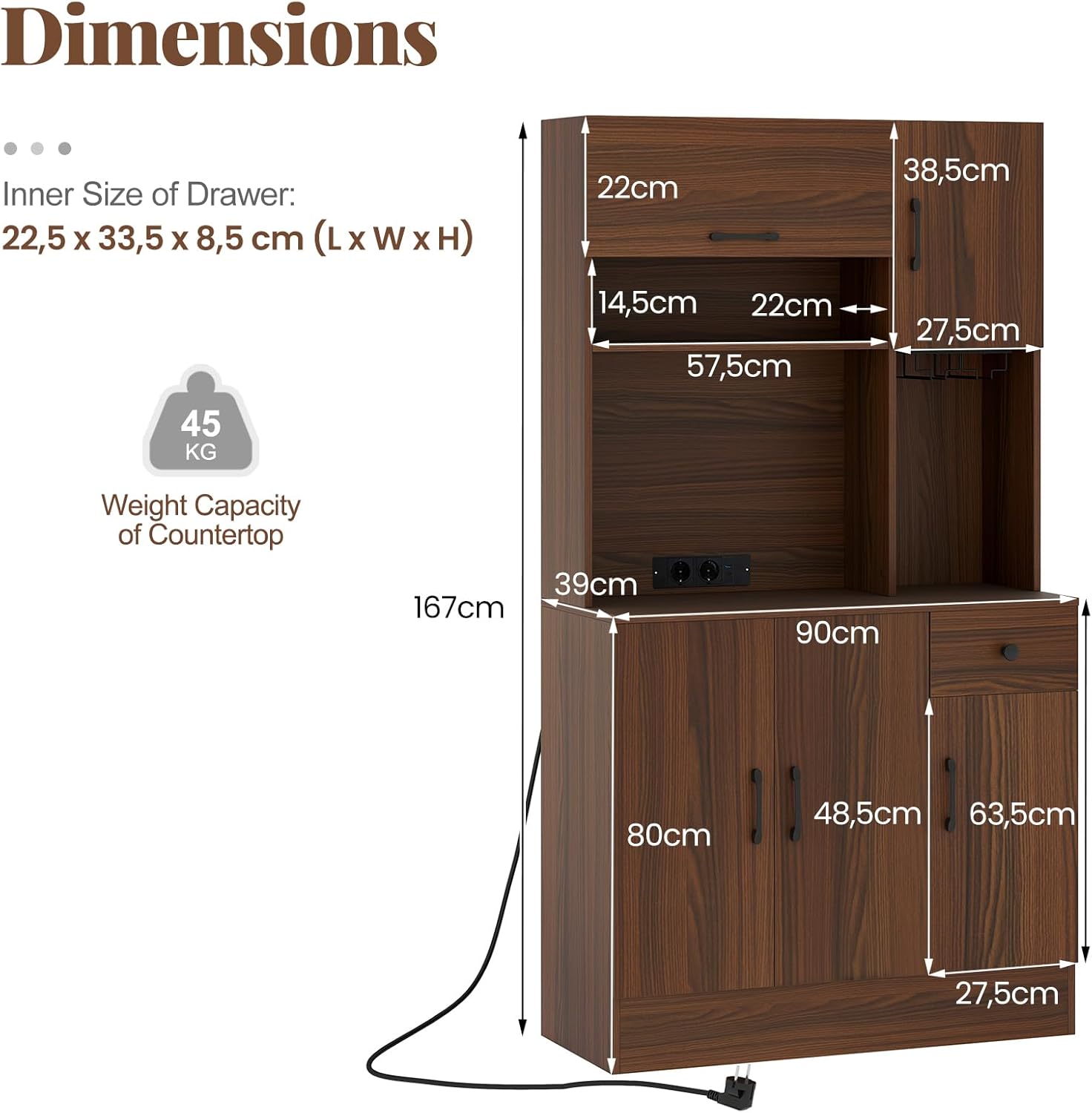 RELAX4LIFE Armadio Alto da Cucina con Presa di Corrente, Armadietto con Mobiletto, Cassetto, Supporto per Calici e Ripiani Regolabili, Armadio Buffet Autonomo per Sala da Pranzo (MARRONE)