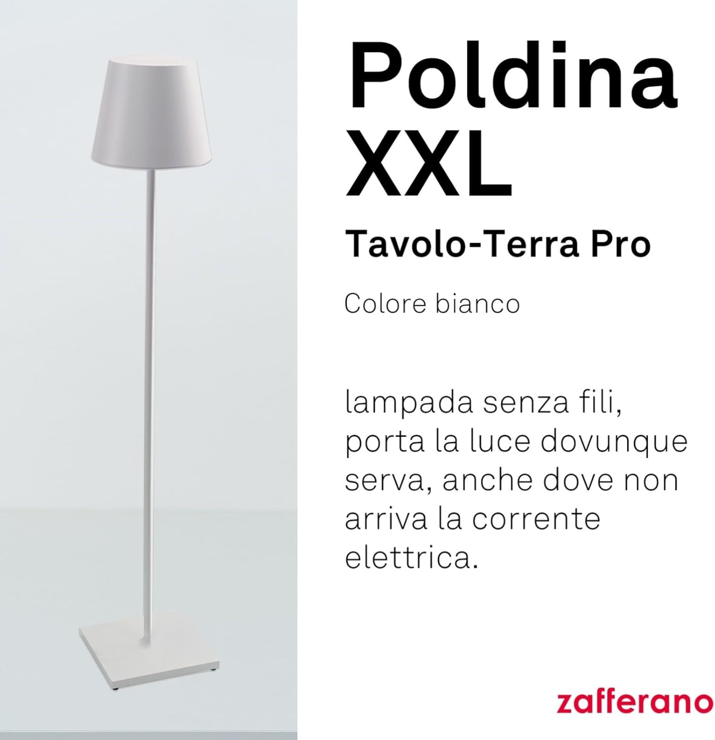 Zafferano, Poldina XXL, Rechargeable and Wireless Floor Lamp with Touch Control, Suitable for Living Room and Outdoor, Dimmer, 2700-3000 K, Adjustable Height 69-150 cm, White
