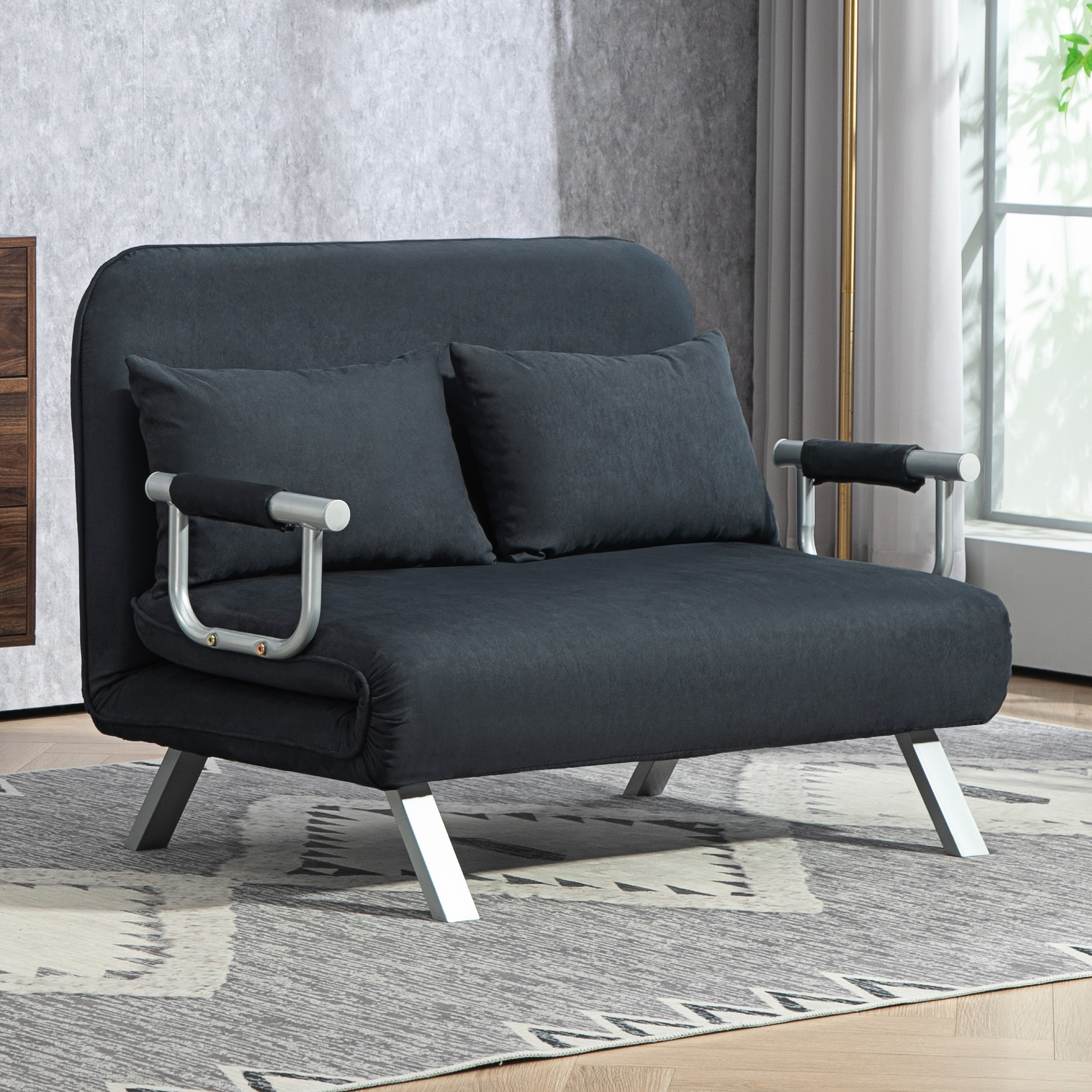 HOMCOM Schlafsofa, 5-fach verstellbar, Wildlederimitat, Stahlrahmen, inkl. Kissen, Schwarz