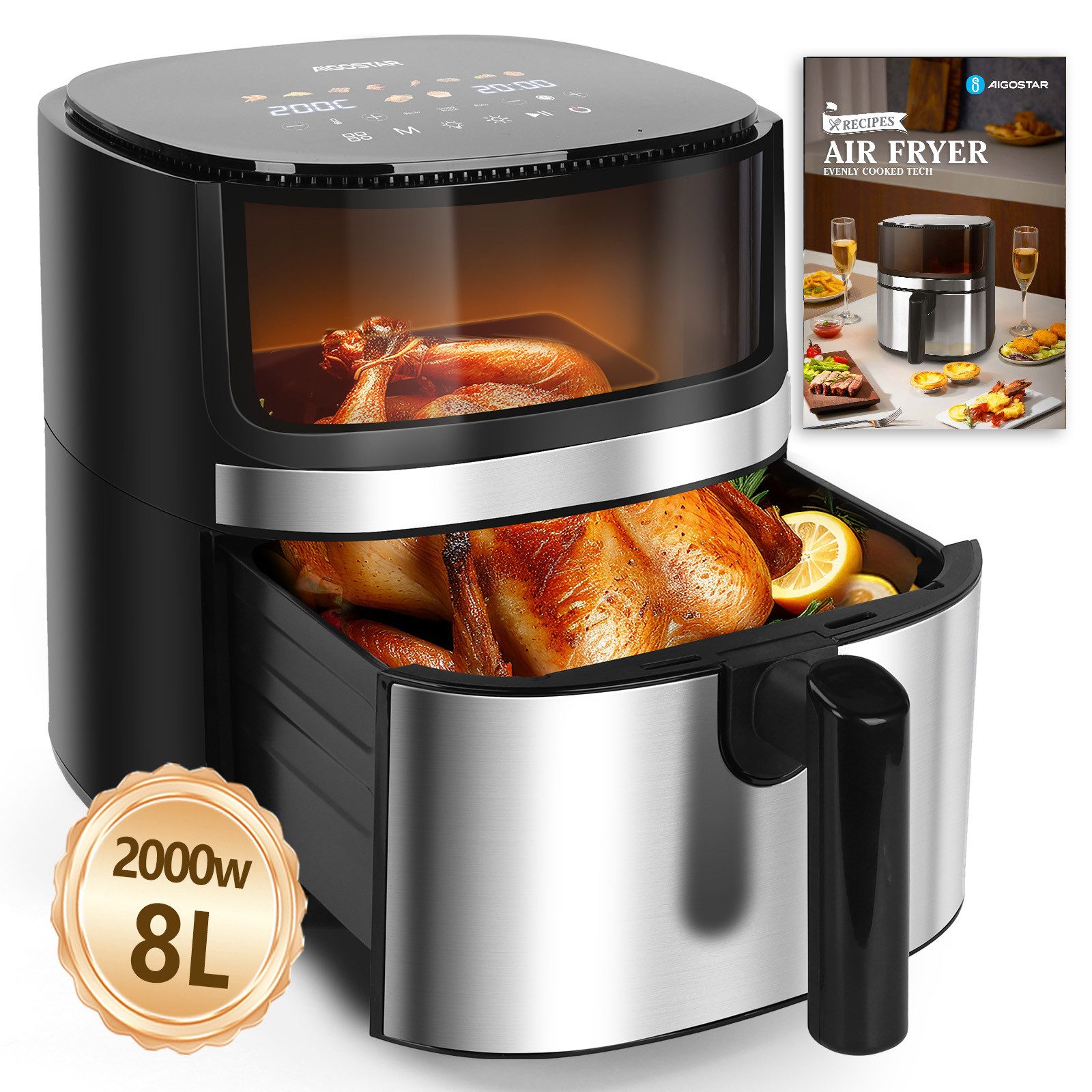 Heißluftfritteuse Dual Blaze™ Heißluftfritteuse XXL, 8L Air Fryer 2000W mit Sichtfenster, 10 Programme, 3 Kochfunktionen