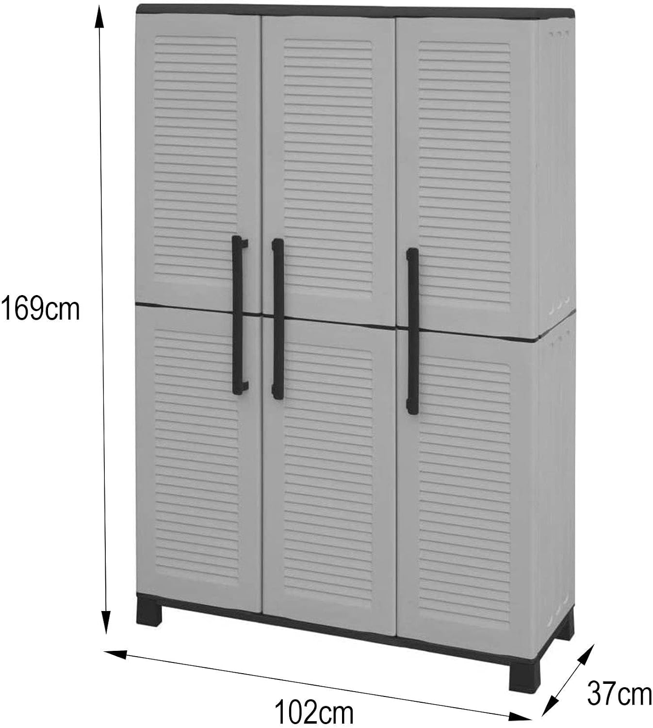 Dmora - Armadio da esterno Nandrin, Mobile porta scope, Armadietto da esterno 3 ante, 100% Made in Italy, 102x37h169 cm, Grigio chiaro e Nero, Finitura righe