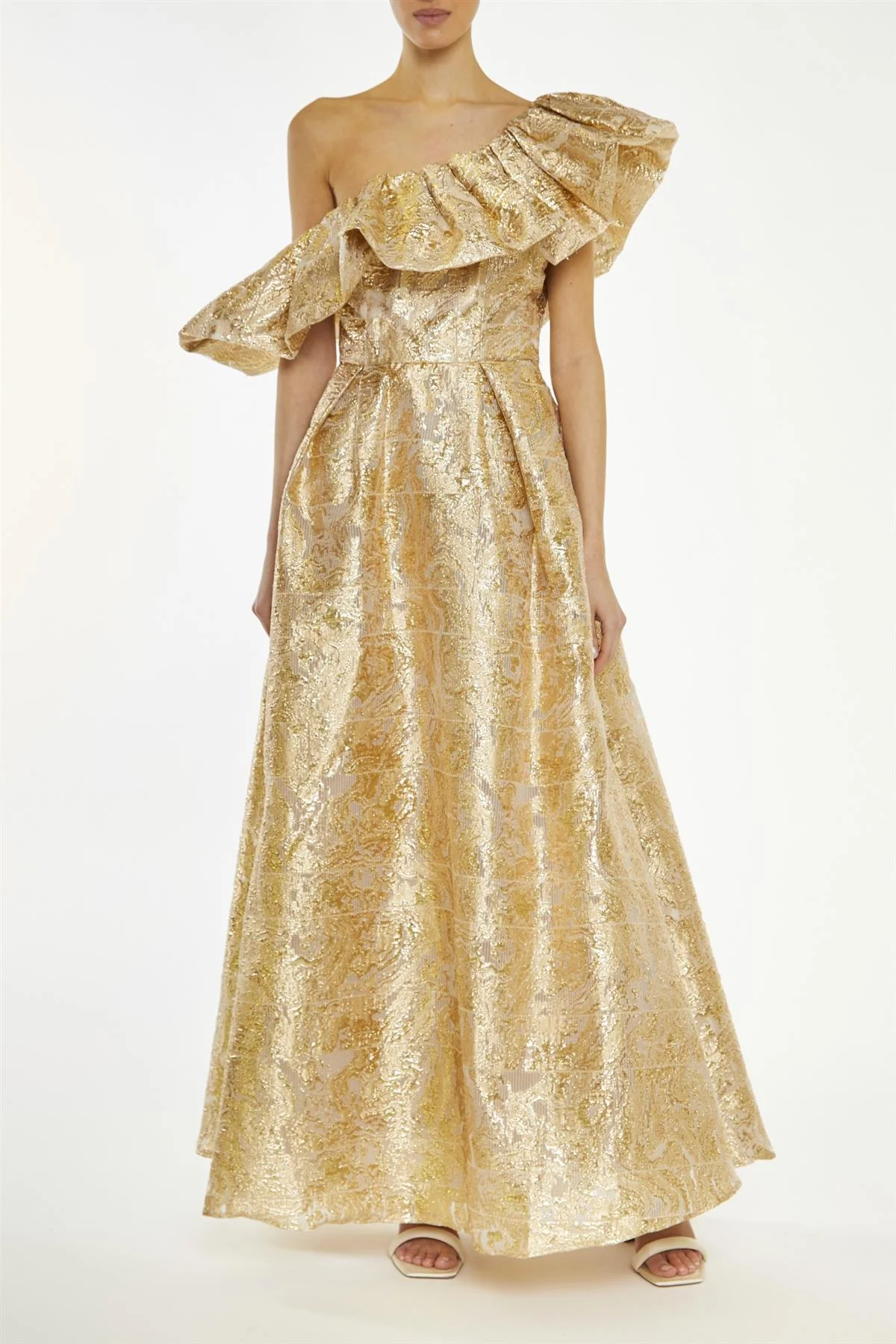 Blake Gold Translucent-Jacquard Puff One Shoulder Maxi-Dress