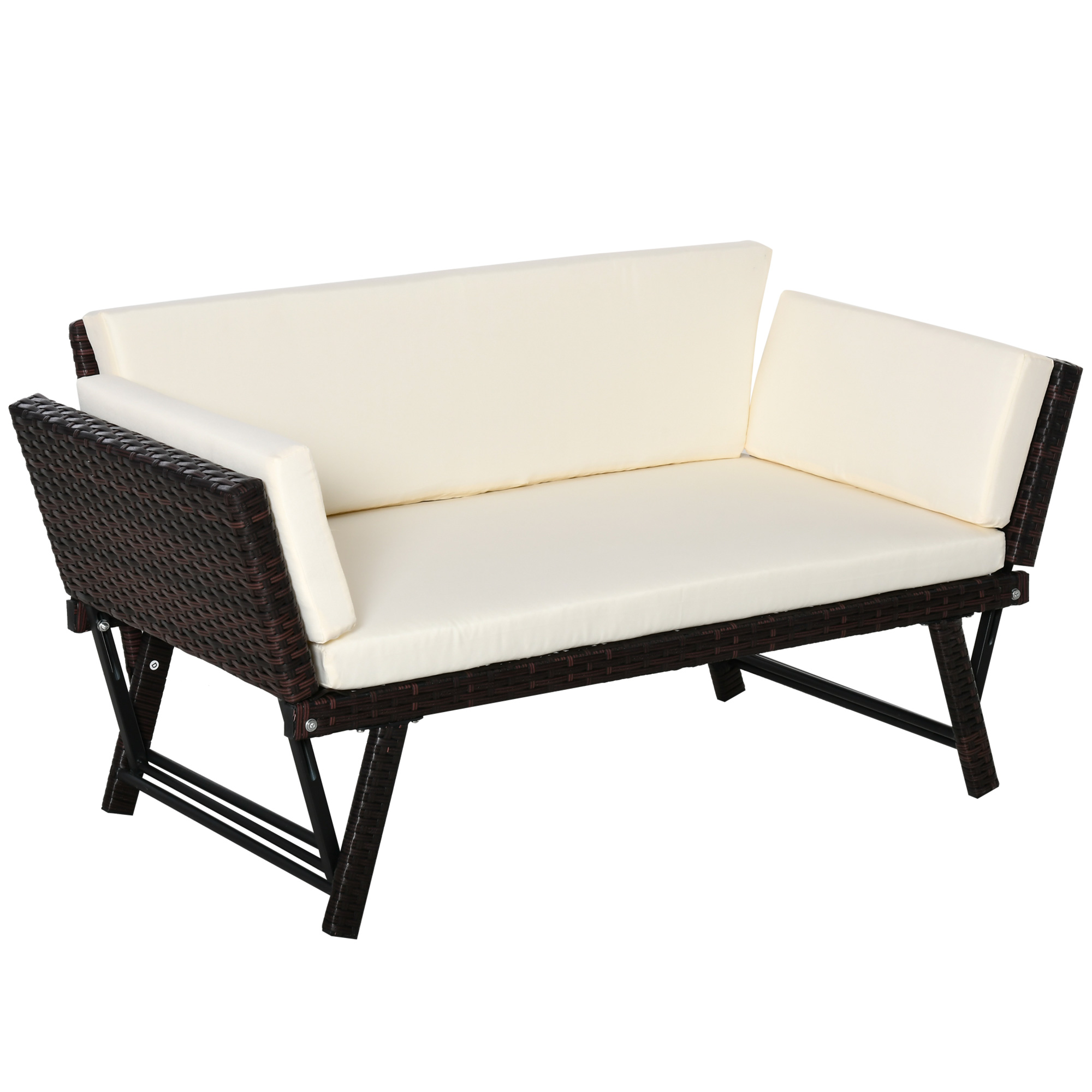 Outsunny Polyrattan Gartensofa 2 Sitzer Gartenmöbel Loungesofa Gartenbank Gartenliege klappbar Armlehnen Stahl Braun 129 x 63 x 67 cm