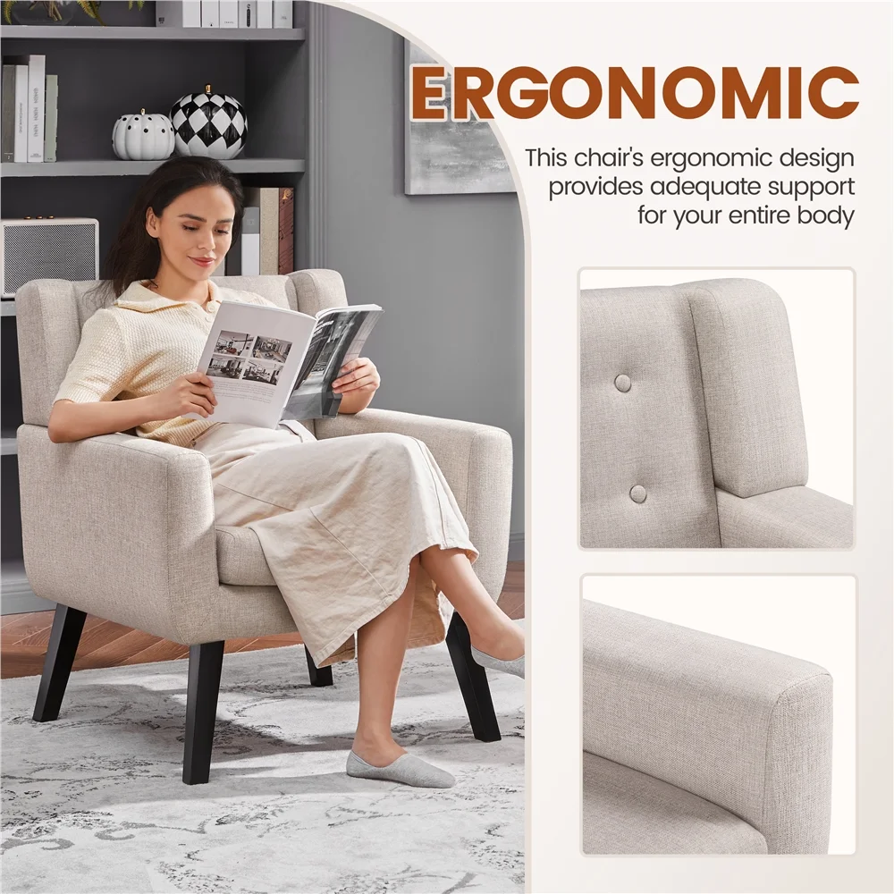 Topeakmart 2PCS Modern Upholstered Accent Armchair with Solid Wood Legs for Living Room, Beige