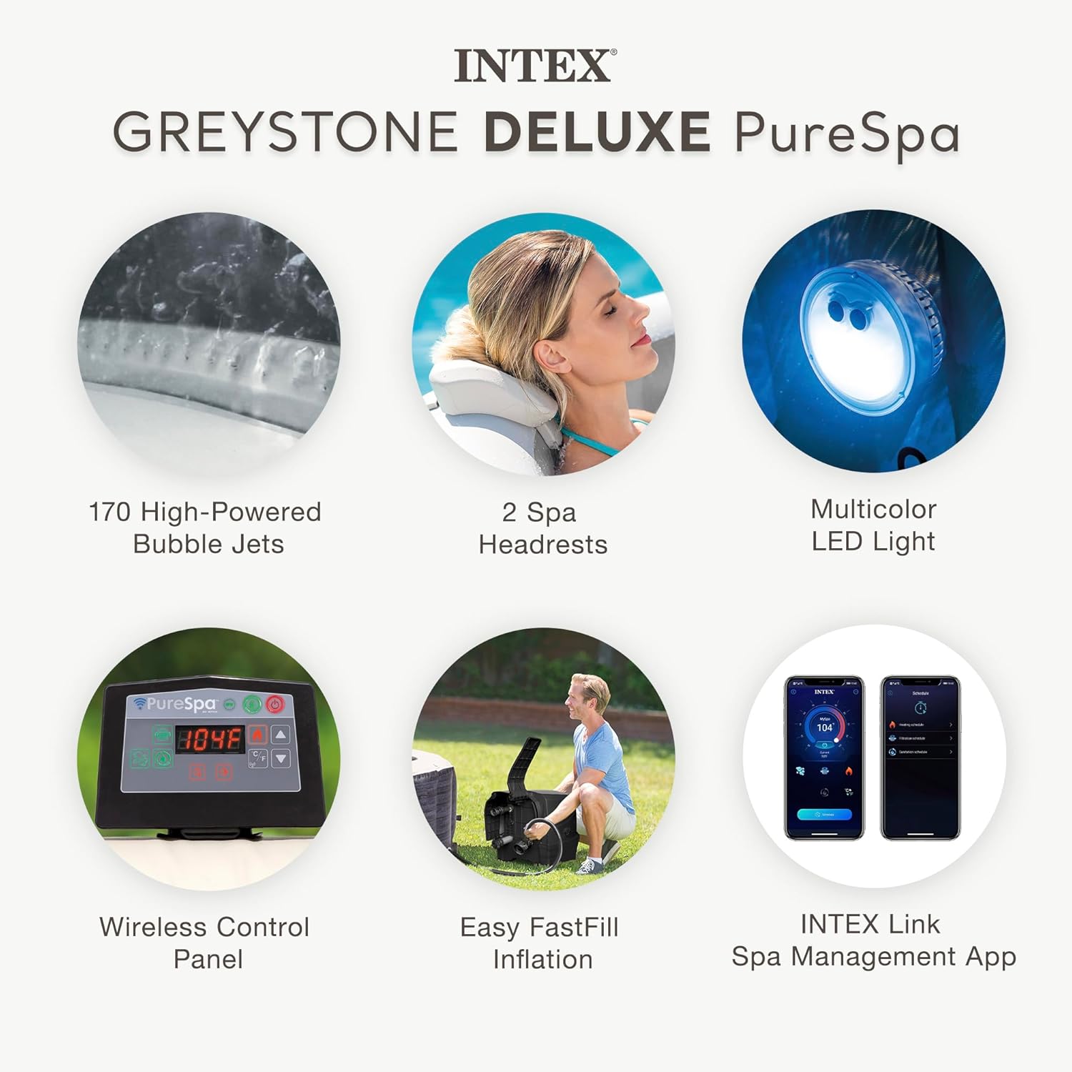 INTEX 28451EP PureSpa Greystone Deluxe Spa Set: Includes Energy Efficient Spa Cover and Wireless Control Panel – Spa Control App – Built-In FastFill Inflation System – 6 Person Capacity – 77