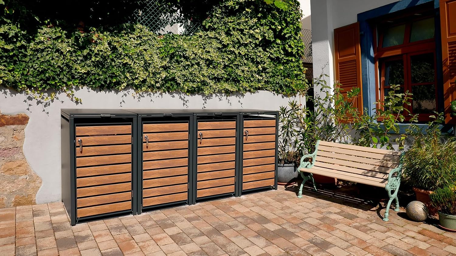 Metzler box pattumiere design antracite & effetto legno 4x240L, acciaio verniciato a polvere, struttura resistente alle intemperie