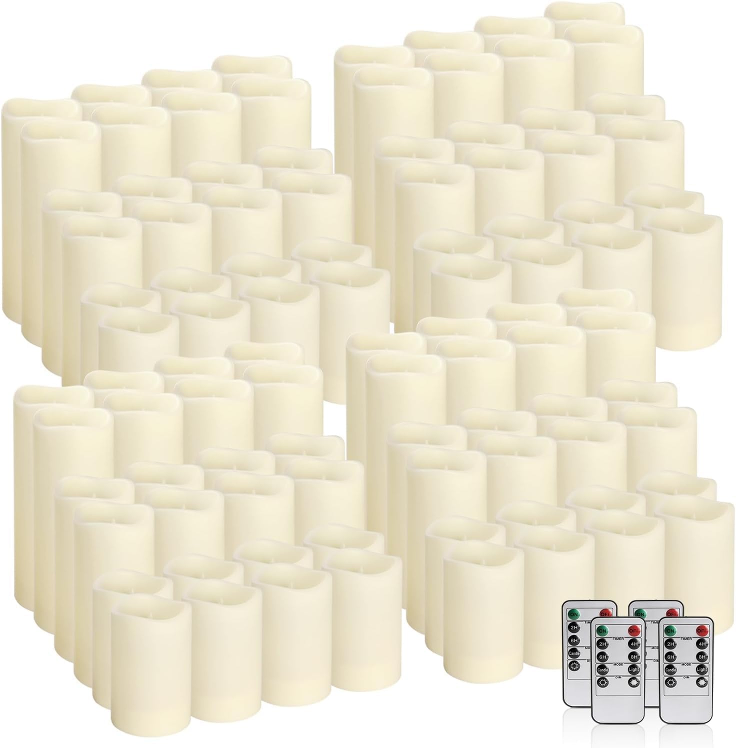 Set mit 96 wasserdichten flammenlosen Kerzen für den Außenbereich, LED-Kerzen mit 4 Fernbedienungen und Timer, (H 10,2 cm, 12,7 cm, 15,2 cm x T 5,6 cm), für Halloween, Hochzeit, Festival