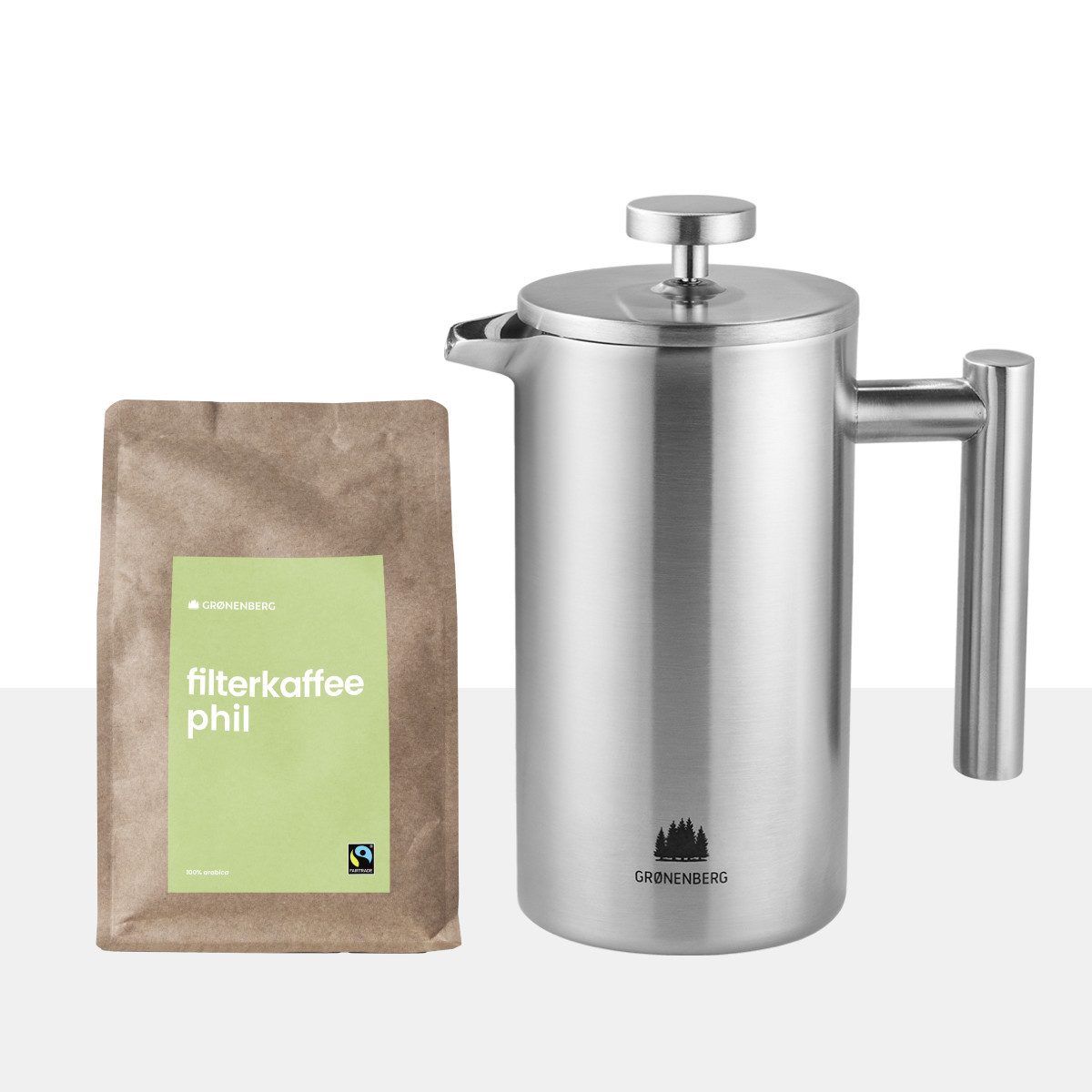 French Press Kanne Spar Set 5: Bio Kaffeepulver 250g + French Press (2 Größen)