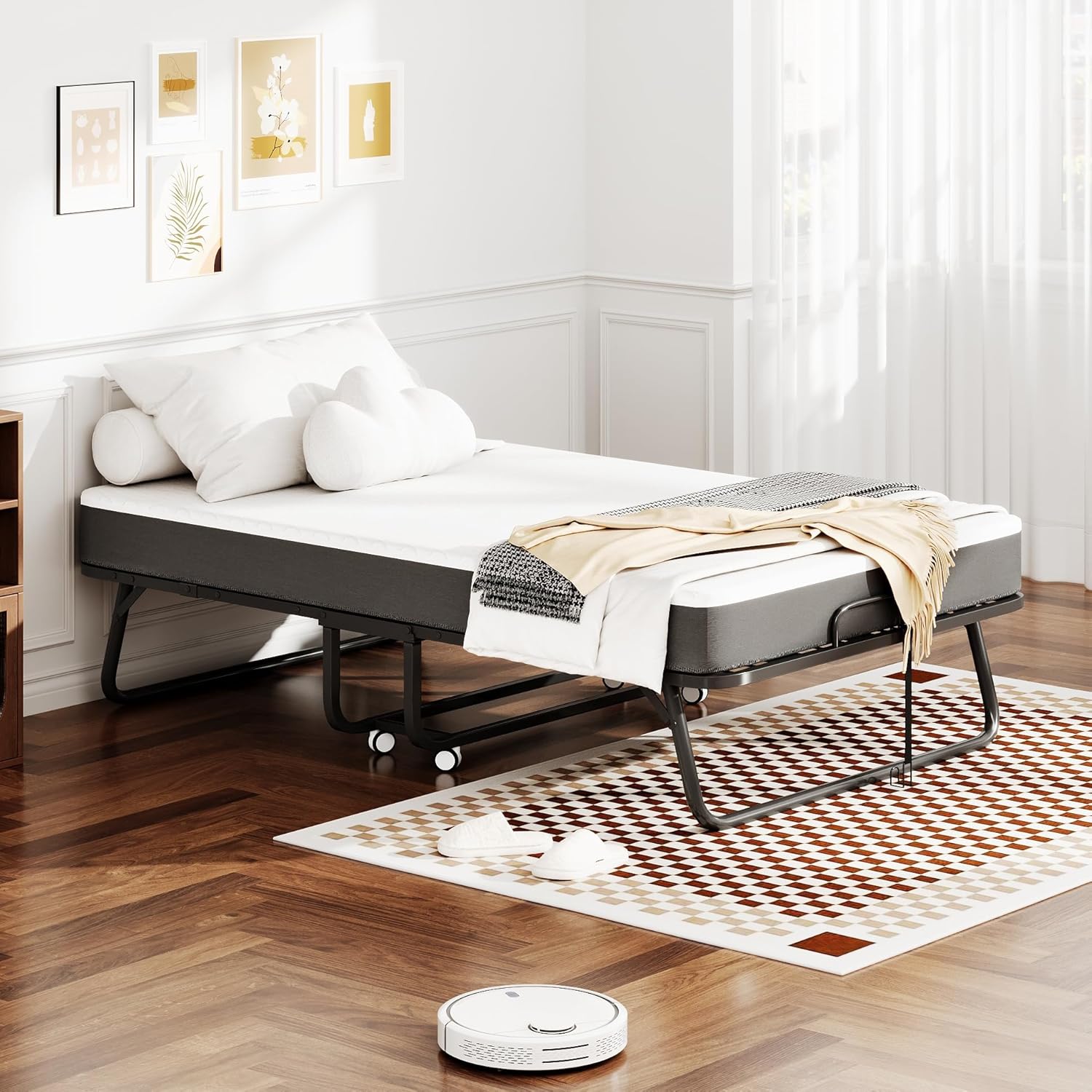 Cama Plegable de 120 cm con Colchón de 13cm (Viscoelástica), Somier Reforzado de Metal con 4 Ruedas y Funda Antipolvo, Cama Supletoria de Invitados Carga Máx. 200kg, Estructura Estable y Compacta