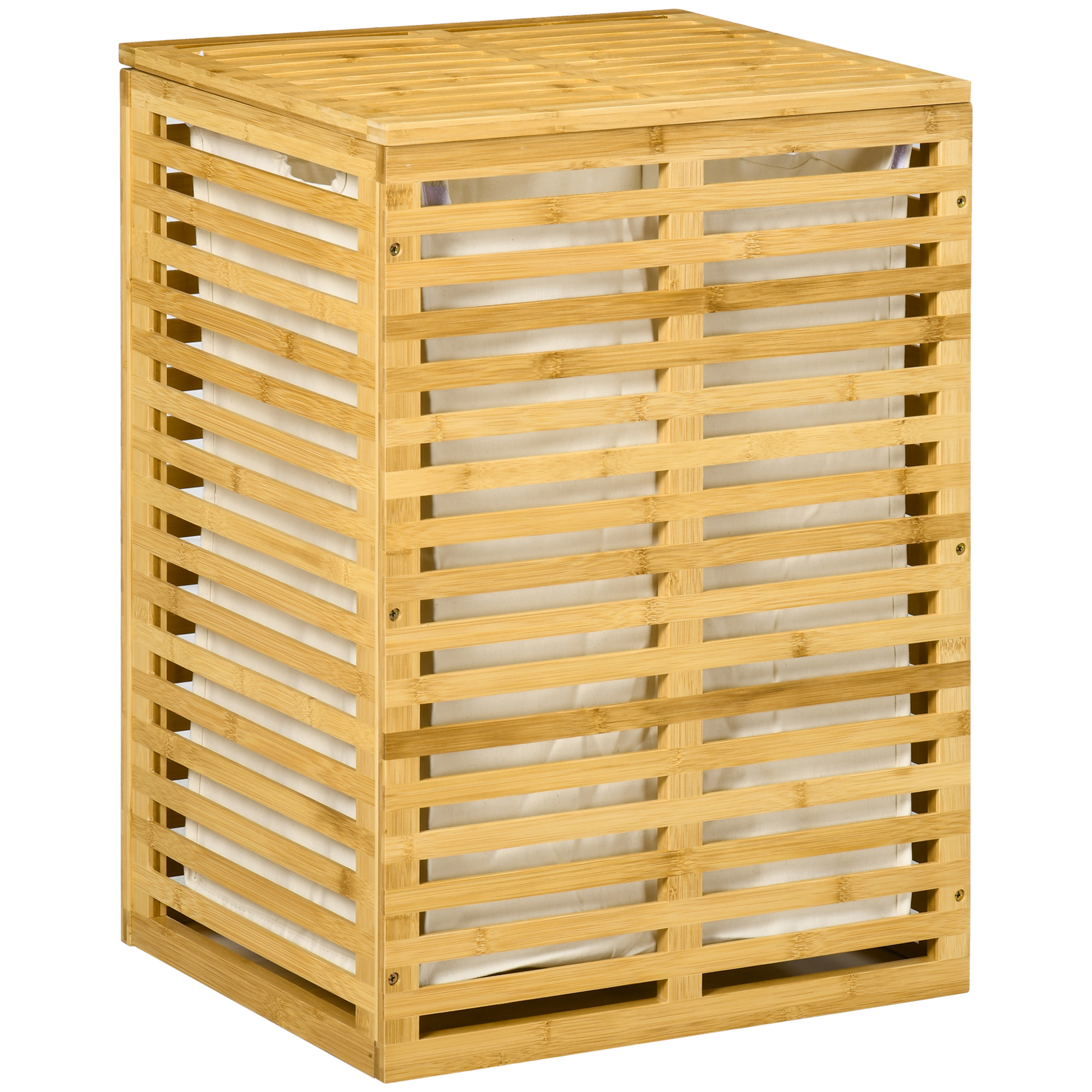 Bamboe Wasmand 63 L met Deksel en Uitneembare Waszak, Stok 44 x 37 x 62,5 cm in Natuurhout