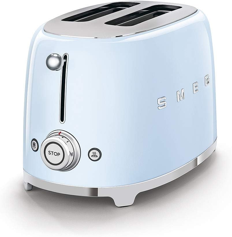 Smeg, 2x2 TSF01PBEU -Toaster, 2 Schlitze für 2 Scheiben, 6 Vergoldungsniveaus, Heizfunktion, Abtau- und Bagel- Funktion, Sammelschublade, 950W, Pastellblau