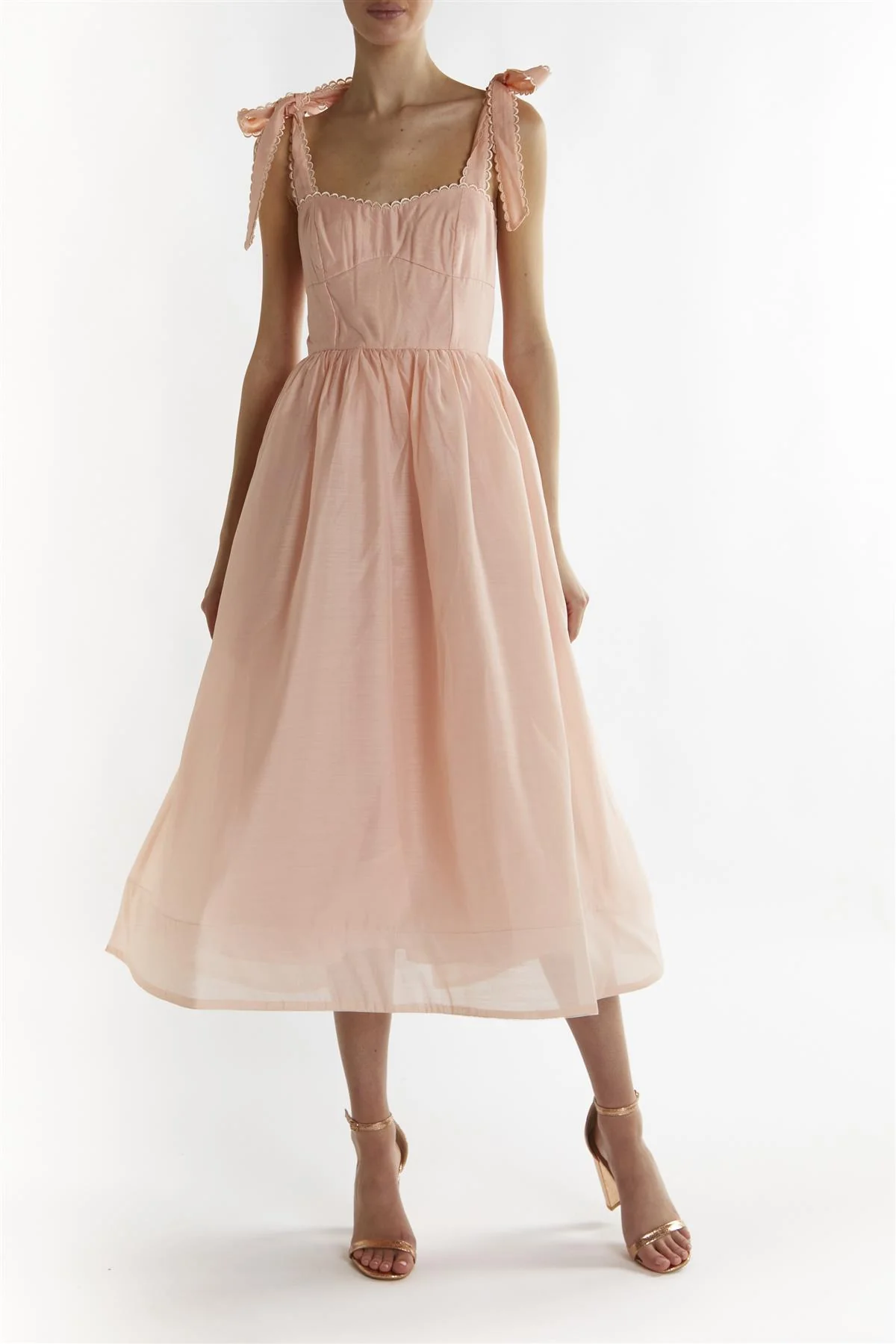Dusty-Peach Tie-Strap Midi-Dress