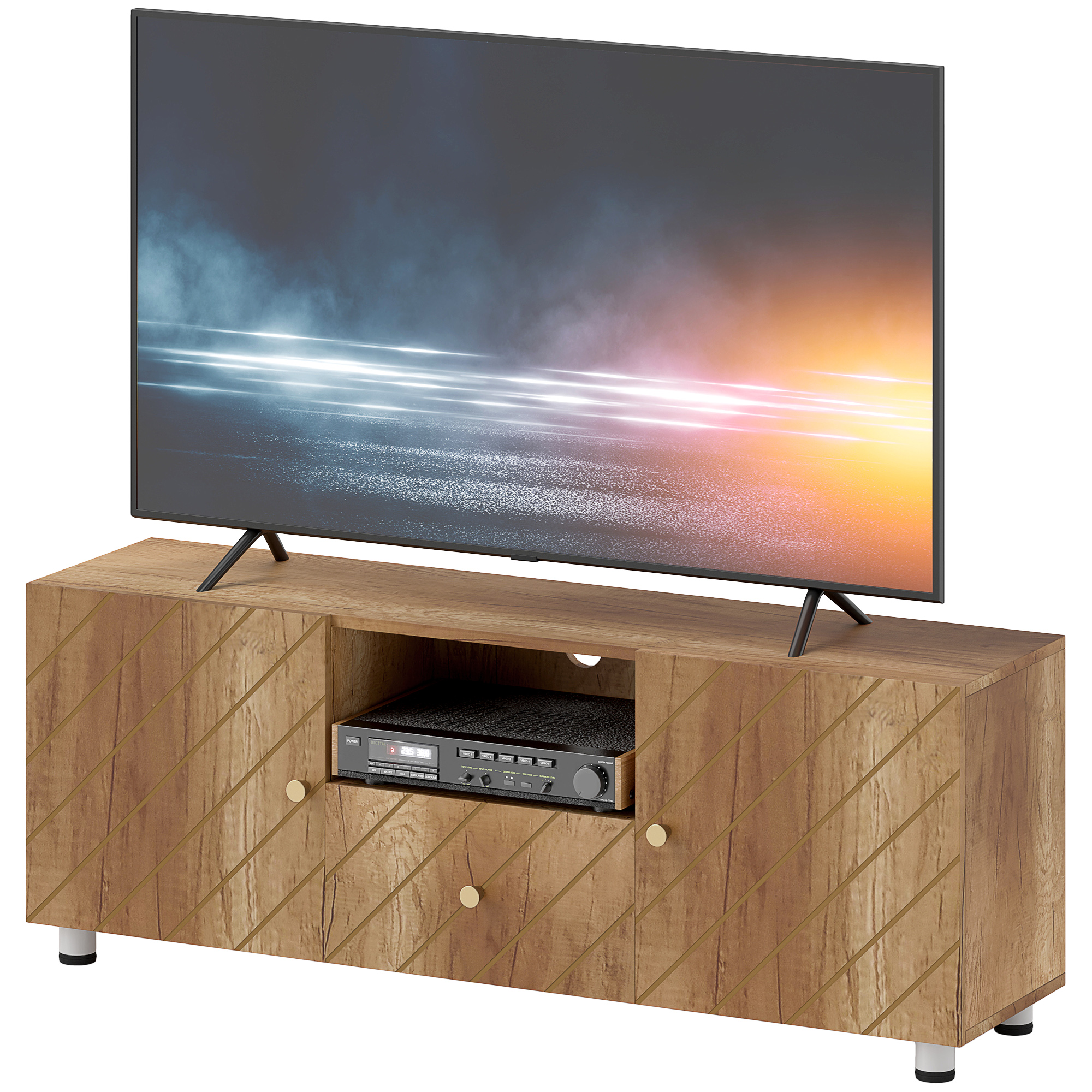 HOMCOM TV-Ständer TV-Bank für Fernseher bis zu 50 Zoll mit 2 Schränken und offenem Fach und Schublade, Naturholz