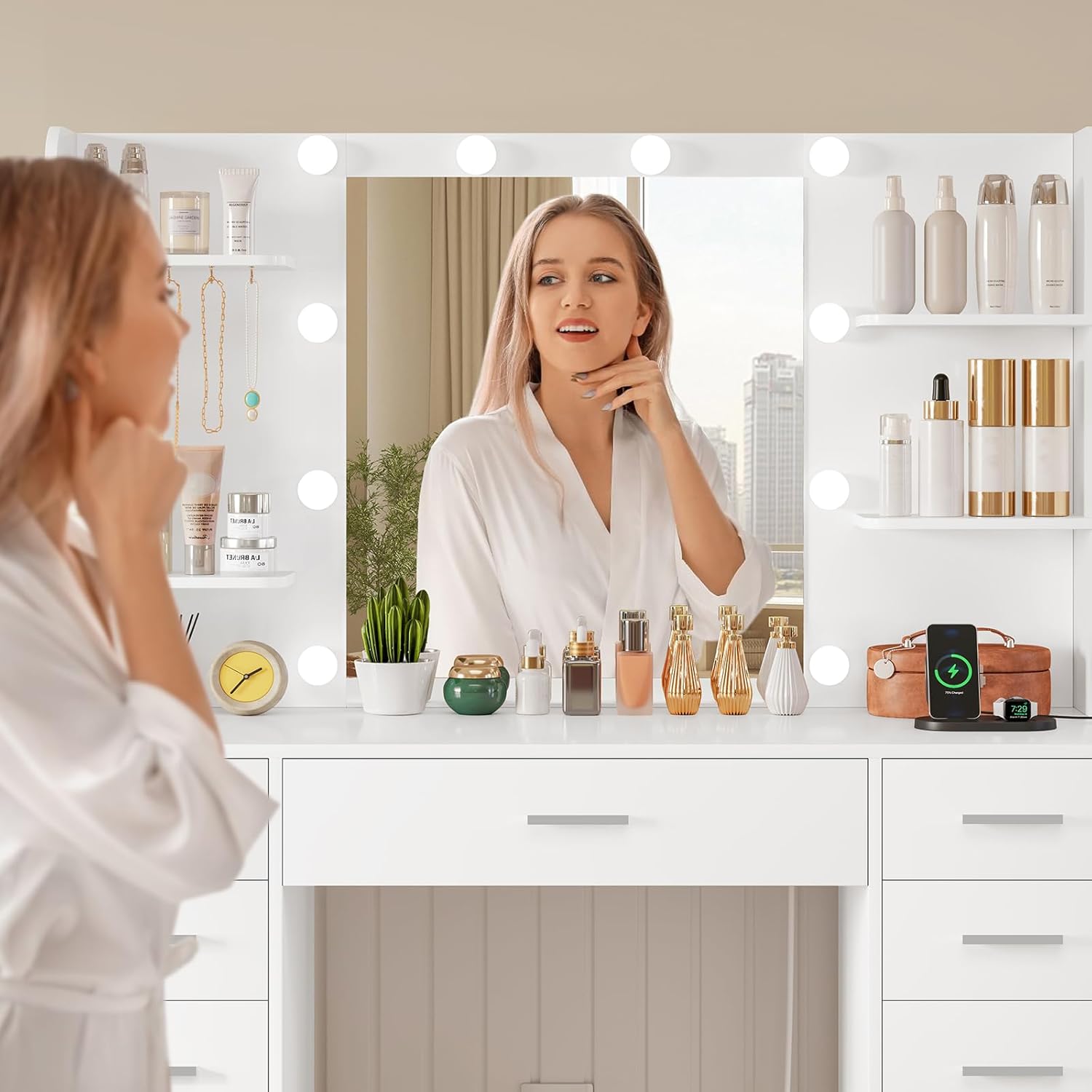 TEENFON Large Dressing Table with Mirror and LED Light, 3 Adjustable Colours, Makeup Desk with 11 Drawers, 4 Shelves and 5 Hooks, Modern Dresser, White