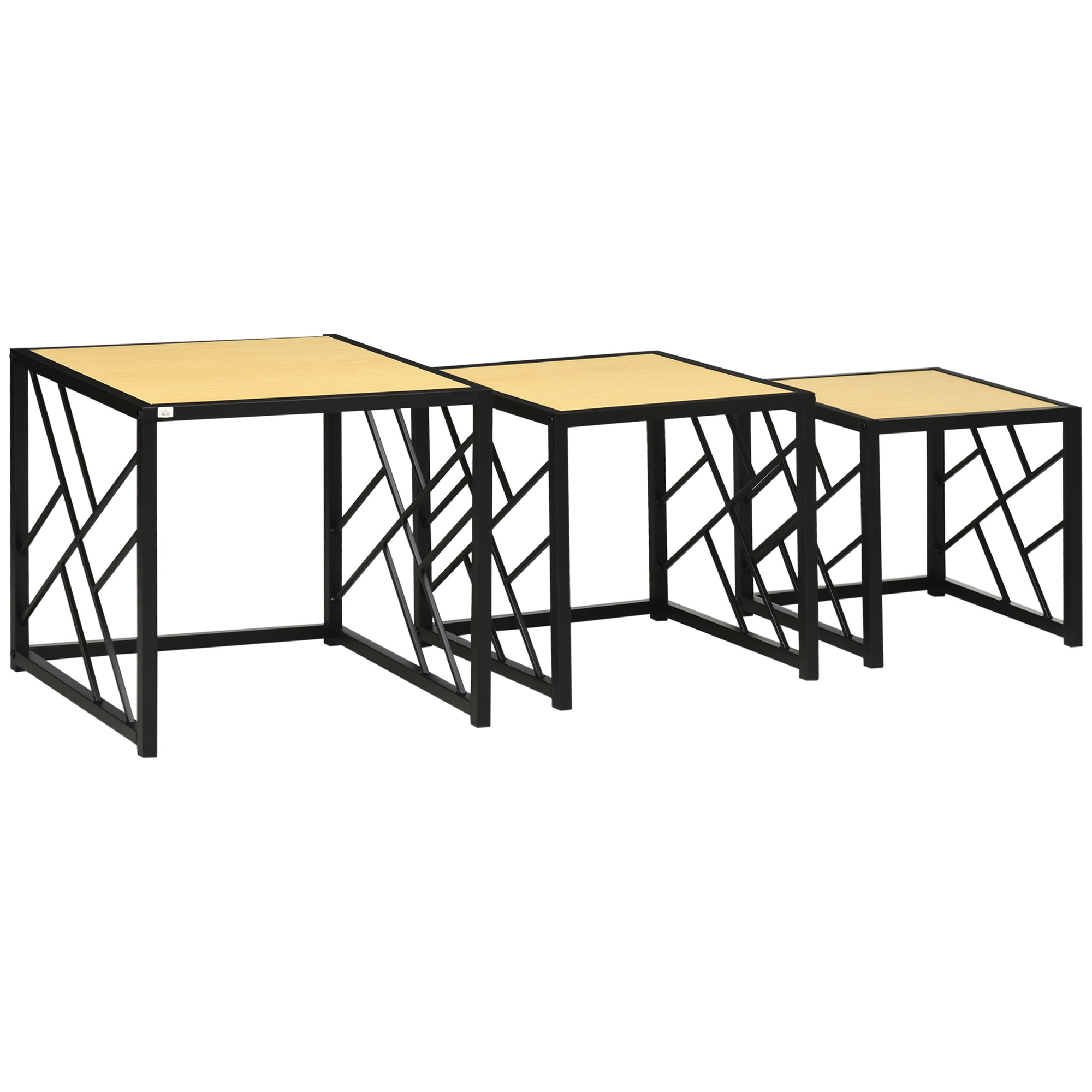 HOMCOM Set aus 3 industriellen Marmortischen im Nesting-Stil, Schwarz Metall, Klarholzoptik
