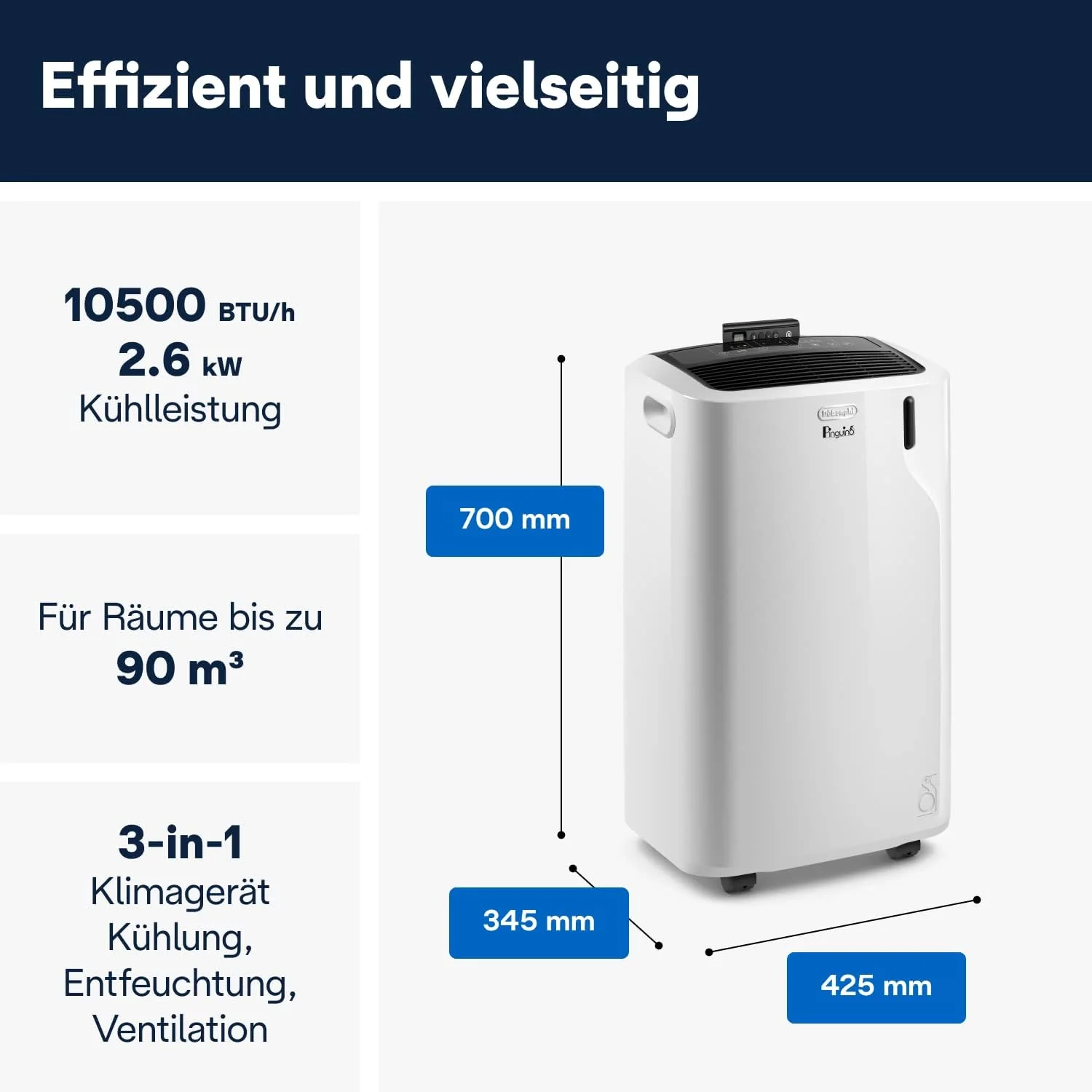 De'Longhi Pinguino PAC EM93 Silent, mobiele airconditioner voor ruimtes tot 90 m3, 10.500 BTU/u, 2,6 kW, 63 dB, ontvochtigingsfunctie, energieklasse A, 24-uurs timer, wit