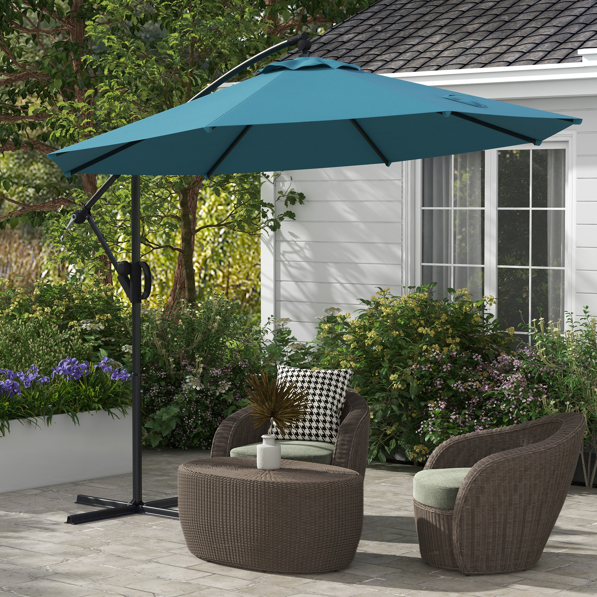Outsunny Seitlicher neigbarer Sonnenschirm Ø2,93 x 2,60 m mit Kurbel, UV-Schutz für Balkon Terrasse blau