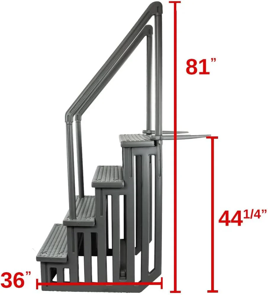 Non-slip entry steps for pools | Grey | For above-ground pools | Can be installed on terraces with a height of 122 to 137 cm | Load capacity up to 136 kg