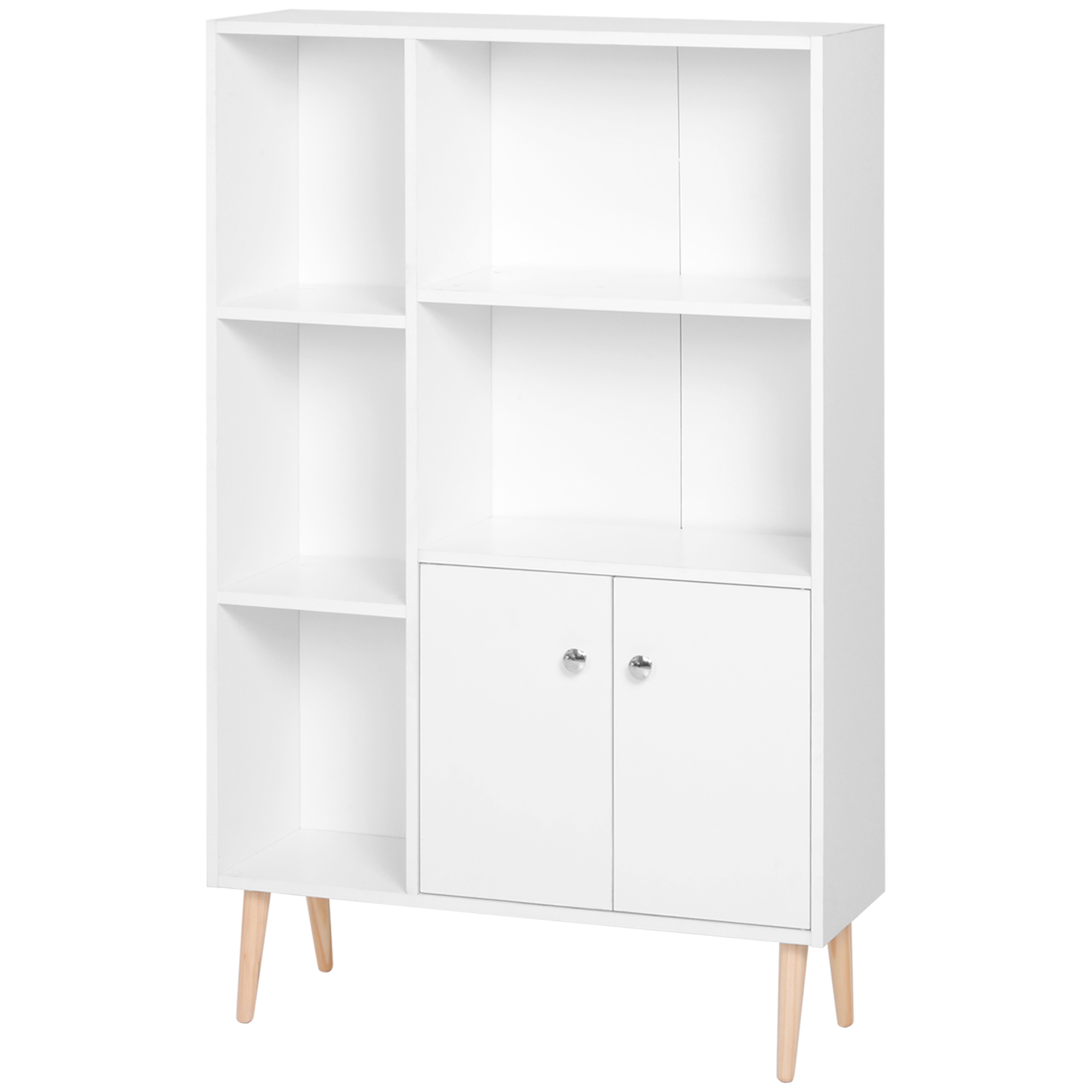 HOMCOM Skandinavisches Bücherregal mit Abmessungen 80L x 23,5B x 123H cm, 5 Nischen, Schrank, 2 Türen, schräge massive Holzfüße, Spanplatten in Weiß