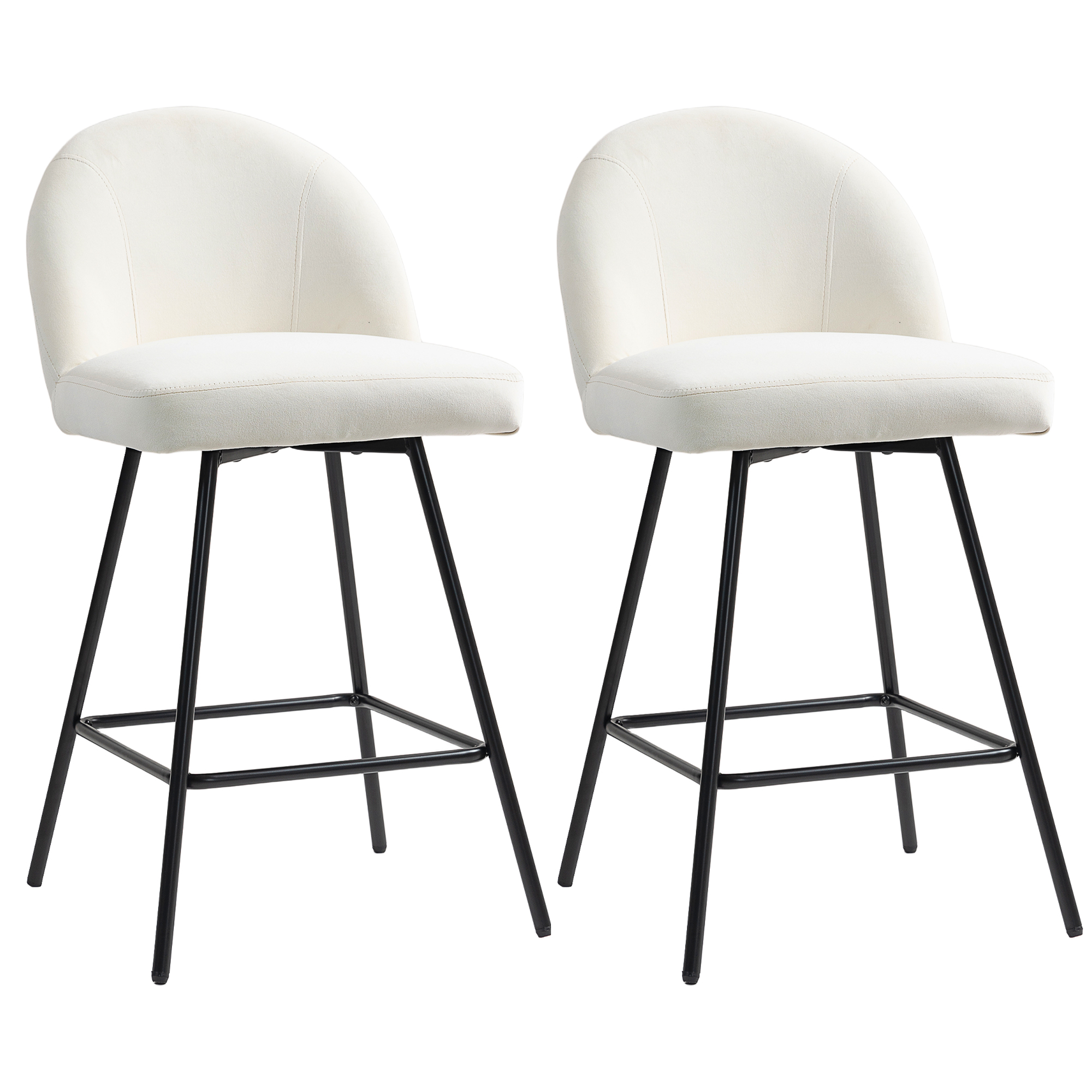 HOMCOM Set von 2 Barhockern mit Rückenlehne aus Samt und Stahl-Fußstütze, Creme