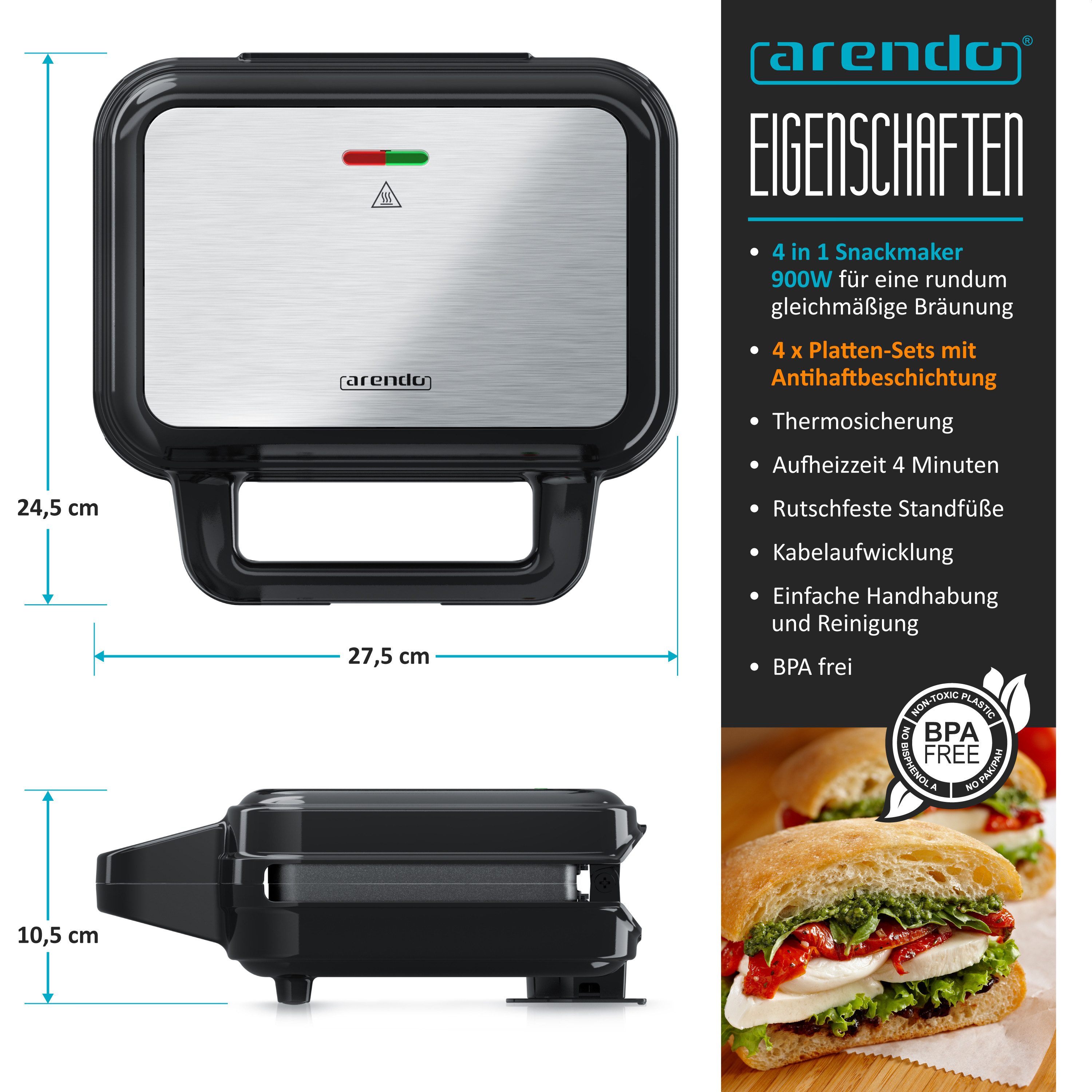 3-in-1-Sandwichmaker 4in1 Sandwich Maker, Waffeleisen, Panini Grill, Temperaturkontrolle