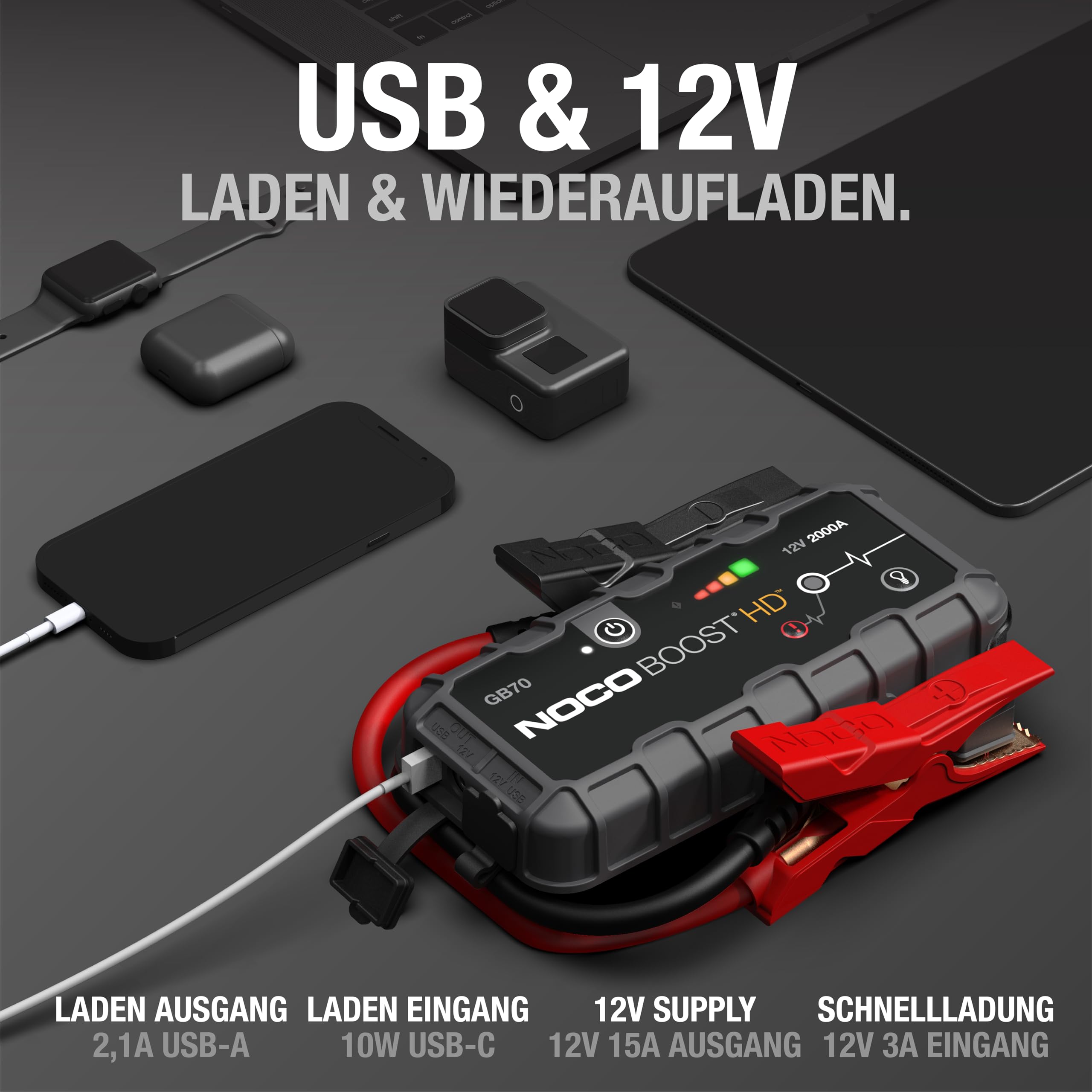 NOCO Boost GB70 2000A Starthilfe Powerbank für Benzin bis 8,0L und Diesel bis 6,0L 12V Lithium Jump Starter