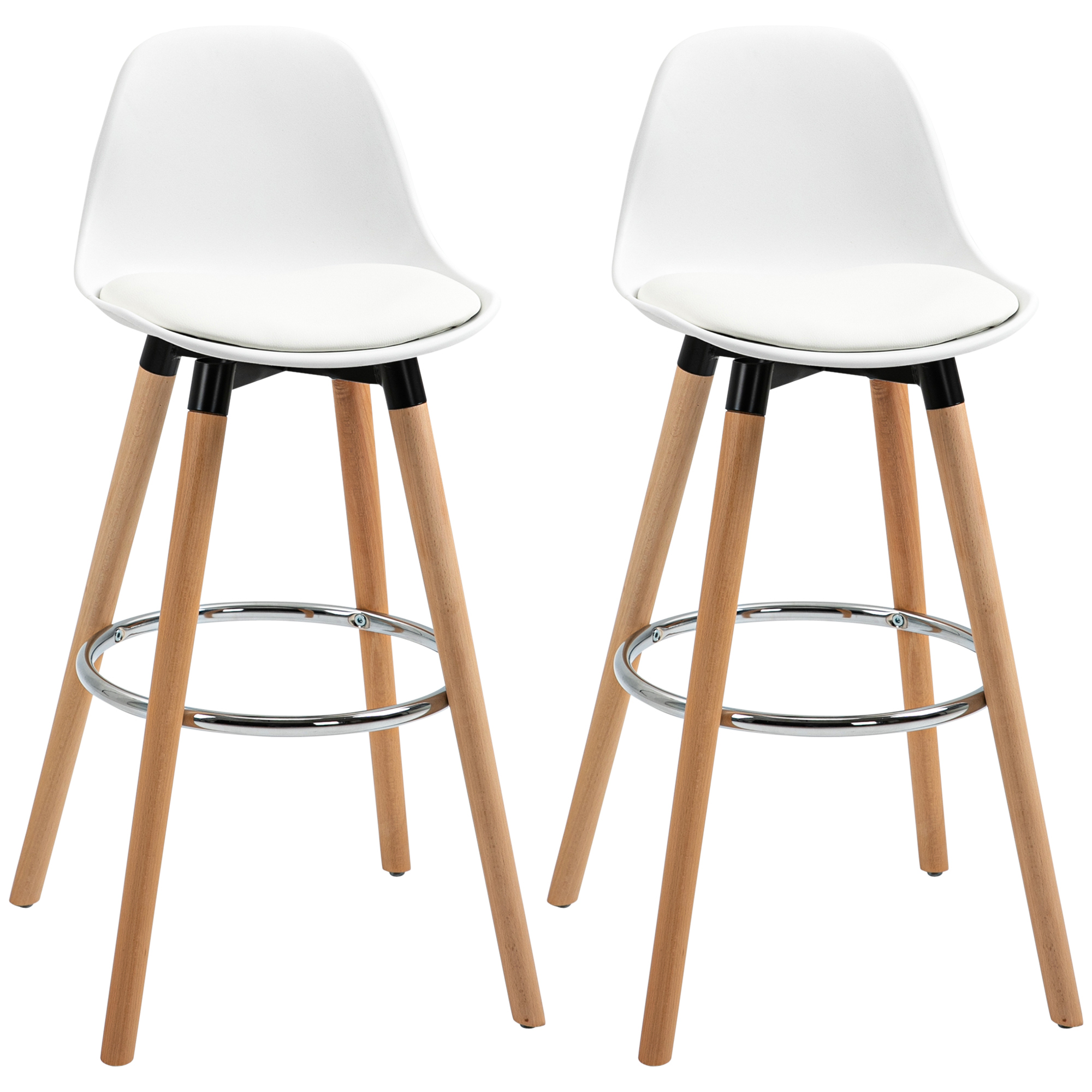 HOMCOM 2er-Set Barhocker Barstühle Skandi-Design, Fußtstütze, 38,5 cm x 42,5 cm x 91 cm, Natur + Weiß
