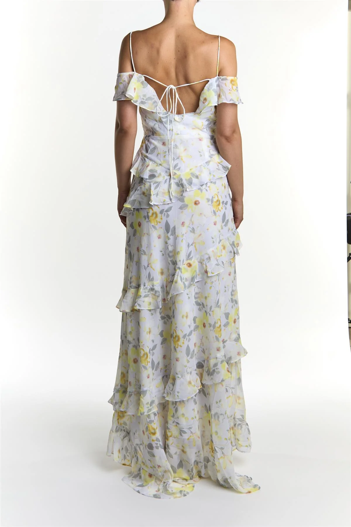 Grey-Soft-Floral Drew cold shoulder ruffle dress