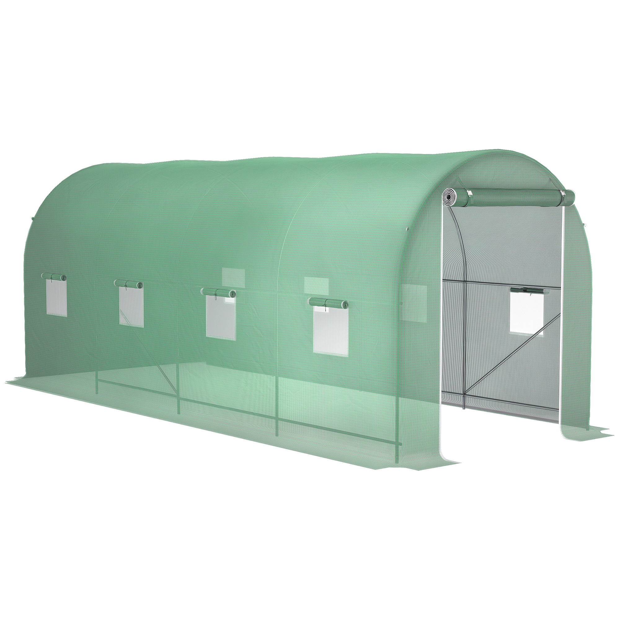 Outsunny Gewächshaus 500x200x205cm Foliengewächshaus Tomatenhaus Tür mit Moskitonetz, Fenster, Folientunnel aus verzinktem Stahl, stabiles Pflanztunnel, Treibhaus inkl. Erdanker Seilen, Grün
