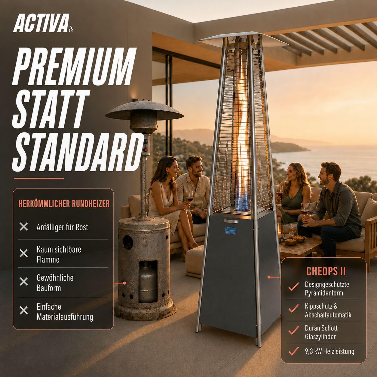 Gasheizstrahler Cheops II für Terrasse mit Flammeneffekt Duran Schott Glaszylinder Piezozündung für 5–11 kg Propan- oder Butangasflaschen