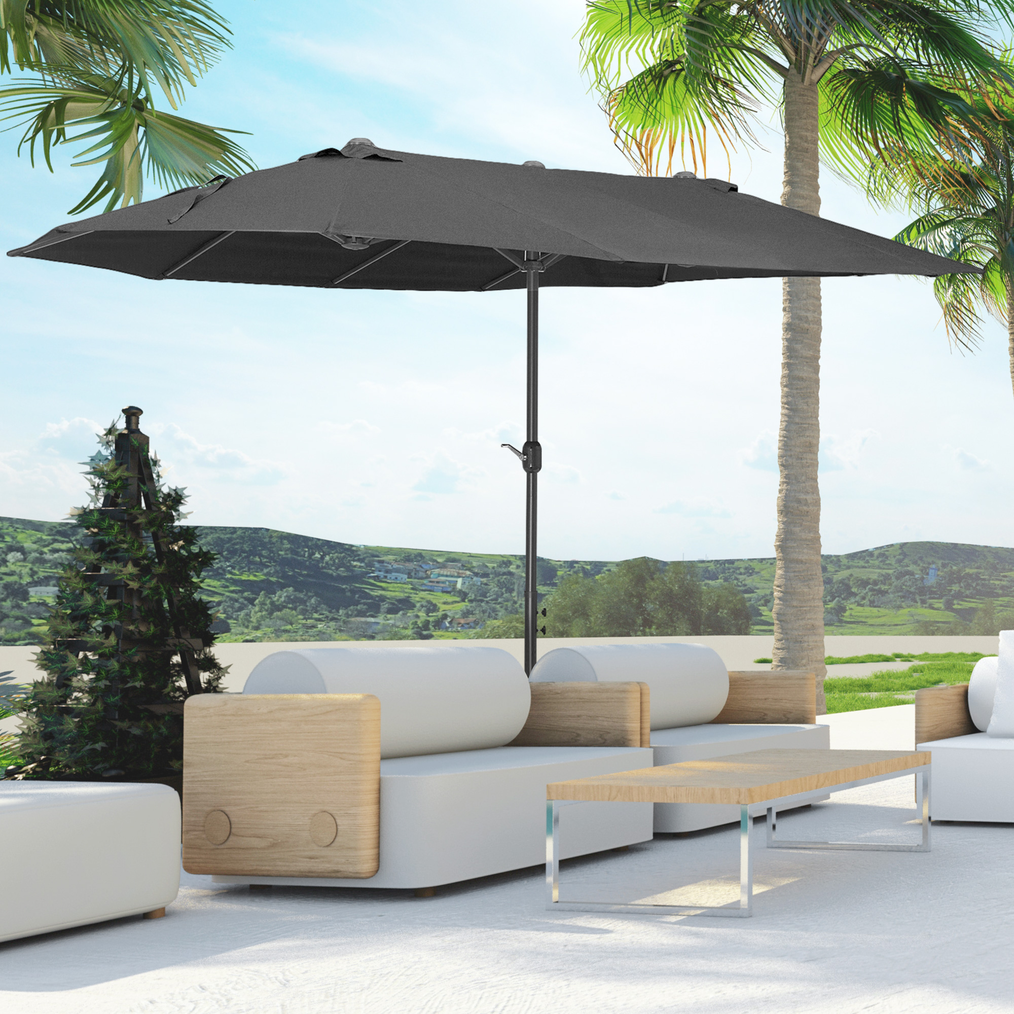 Outsunny Doppelsonnenschirm 455 x 270 cm Gartenschirm mit Handkurbel oval stabil Metallstange Marktschirm Doppelsonnenschirm Terrassenschirm Sonnenschutz für Strand Balkon Terrasse Garten Schwarz
