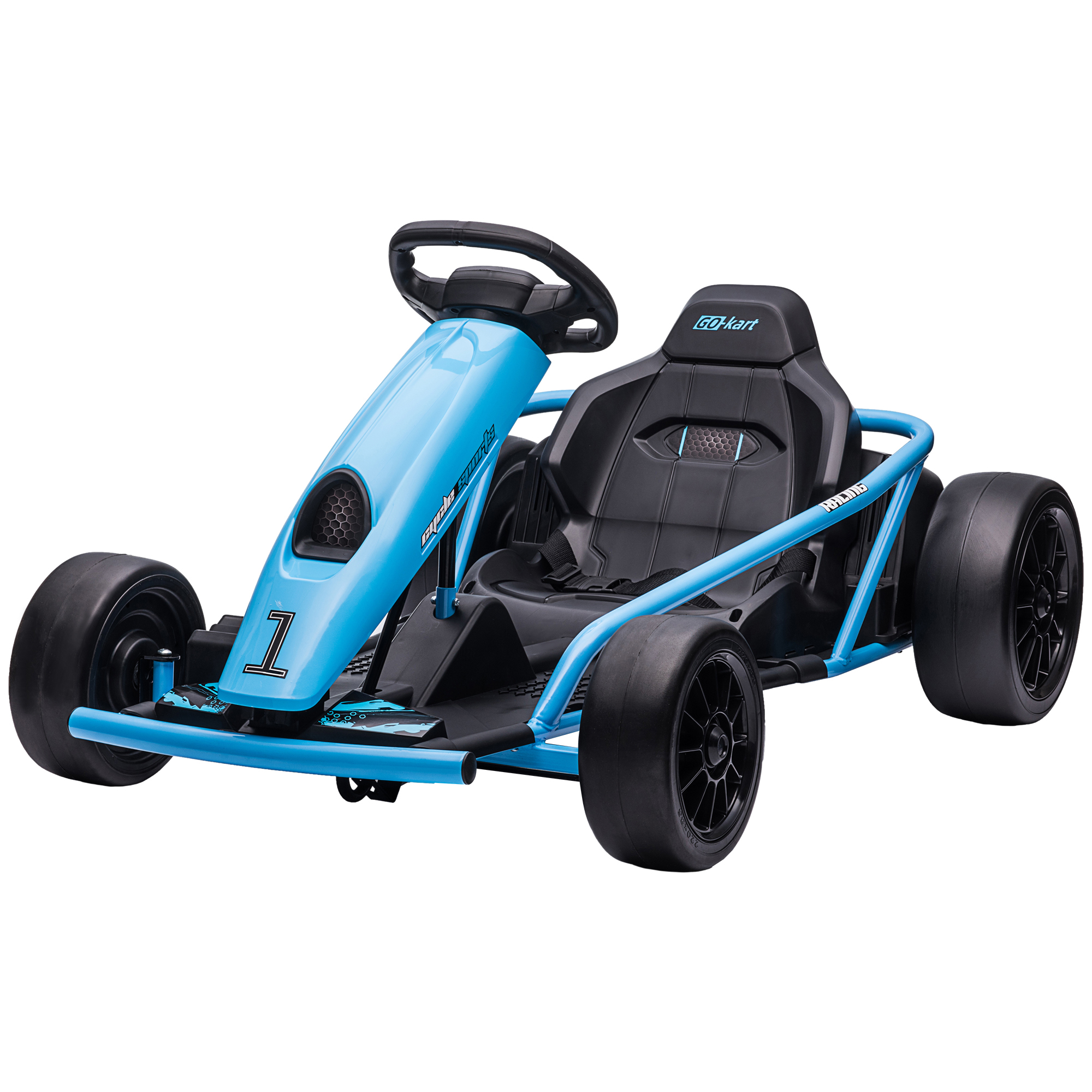 HOMCOM Elektro-Gokart für Kinder, Drift-Funktion, Hupe, Musik, Sicherheitsgurt, Soft-Start, Blau/Schwarz