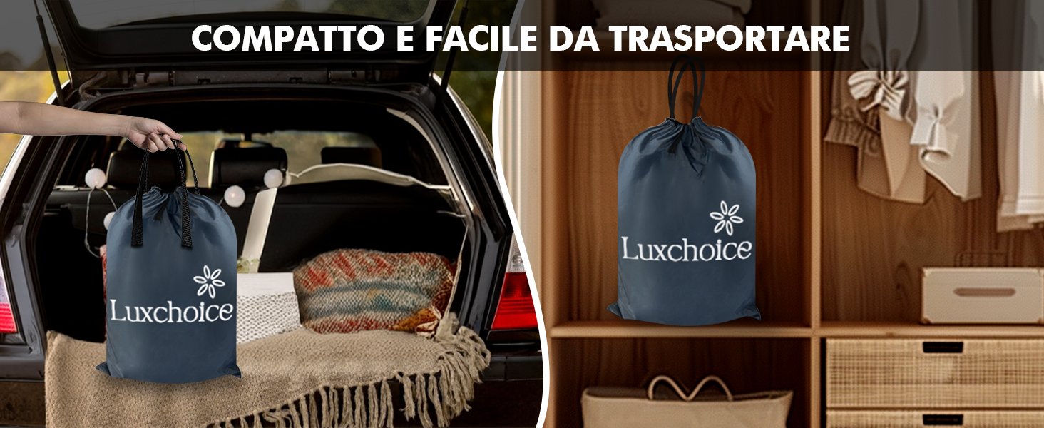 Due borse portaoggetti grigie mostrate nel bagagliaio dell'auto e nei contesti di stoccaggio sospesi, a dimostrazione del design portatile e compatto