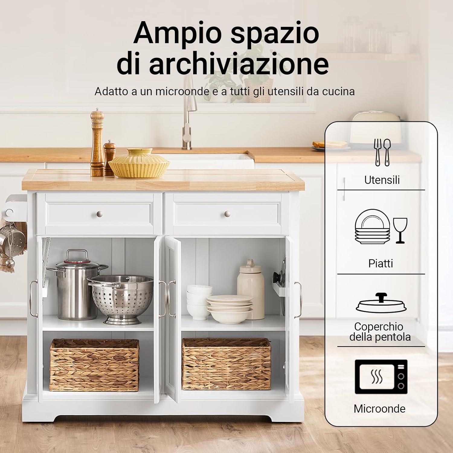 SoBuy Carrello Cucina con Ruote, Isola Cucina con Piano di Lavoro Estensibile, 2 Cassetti e Ripiani Regolabili Mobile Salvaspazio per Mobili da Cucina, Bianco 115 x (46-71) x 92 cm FKW71-II-WN