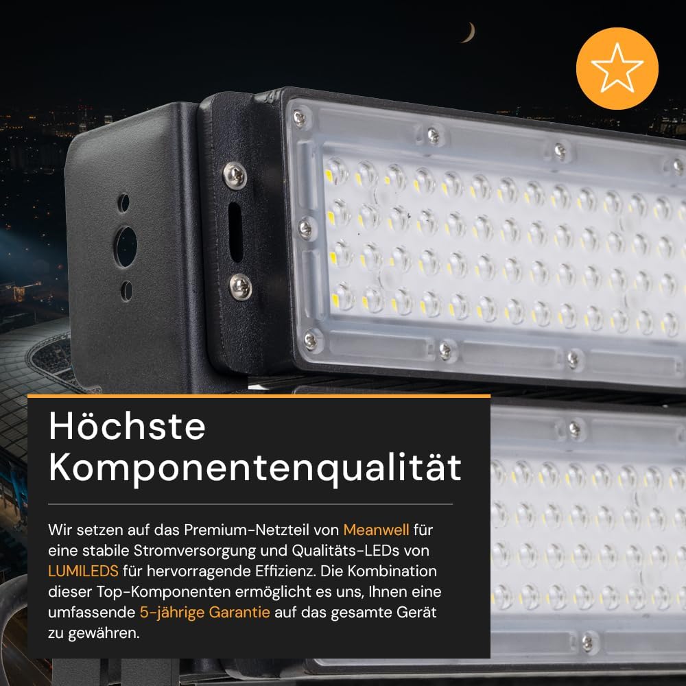 4x LED Außenstrahler 300W 5000K Neutralweiß 39000lm, IP66 Wasserdicht, IK10 Flutlicht Strahler für Stadionbeleuchtung Baustelle Sportplatz, robuste Industrieleuchte für außen