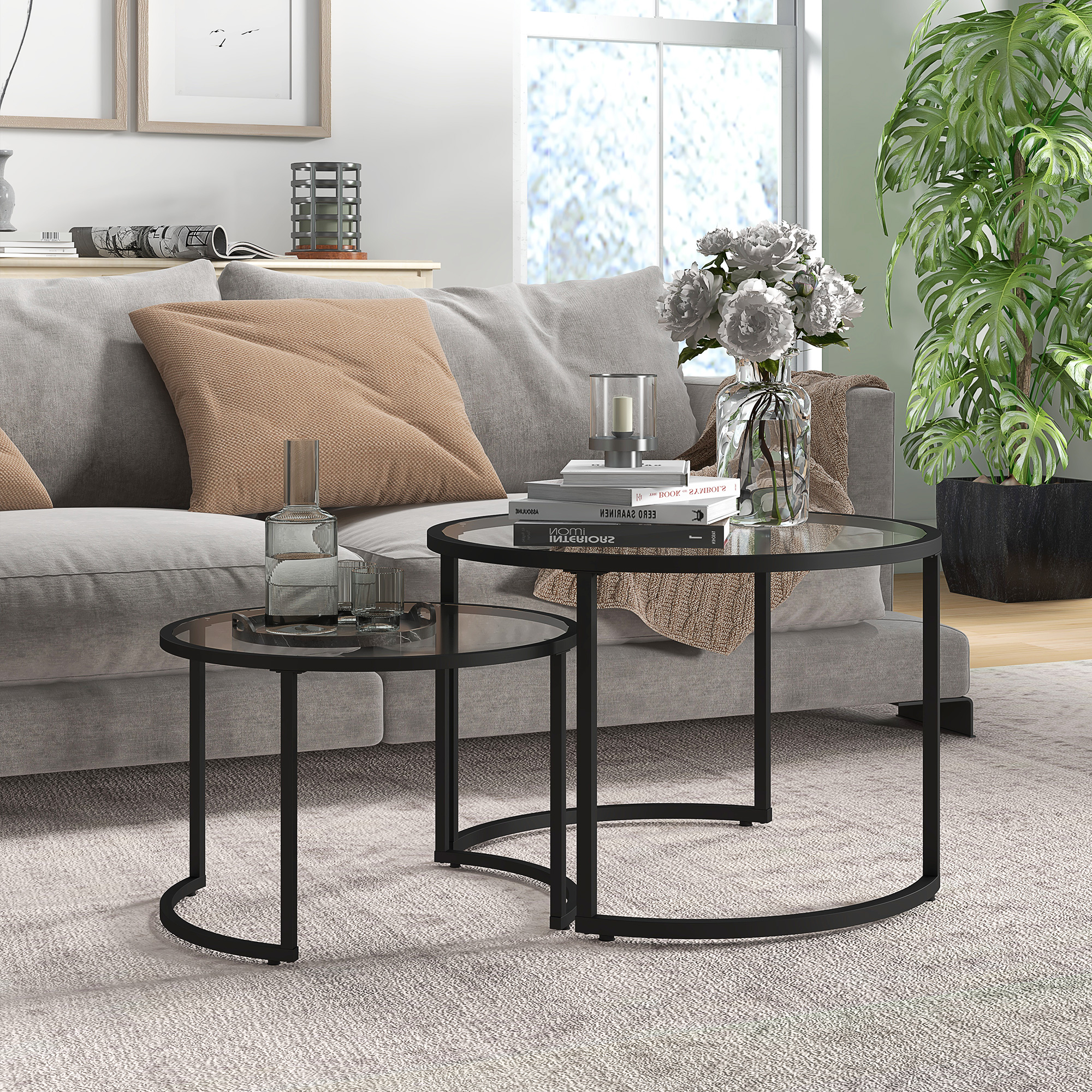 HOMCOM 2er-Set Beistelltische Couchtische Industrie-Design, Glastische, stapelbar, Schwarz + Transparent