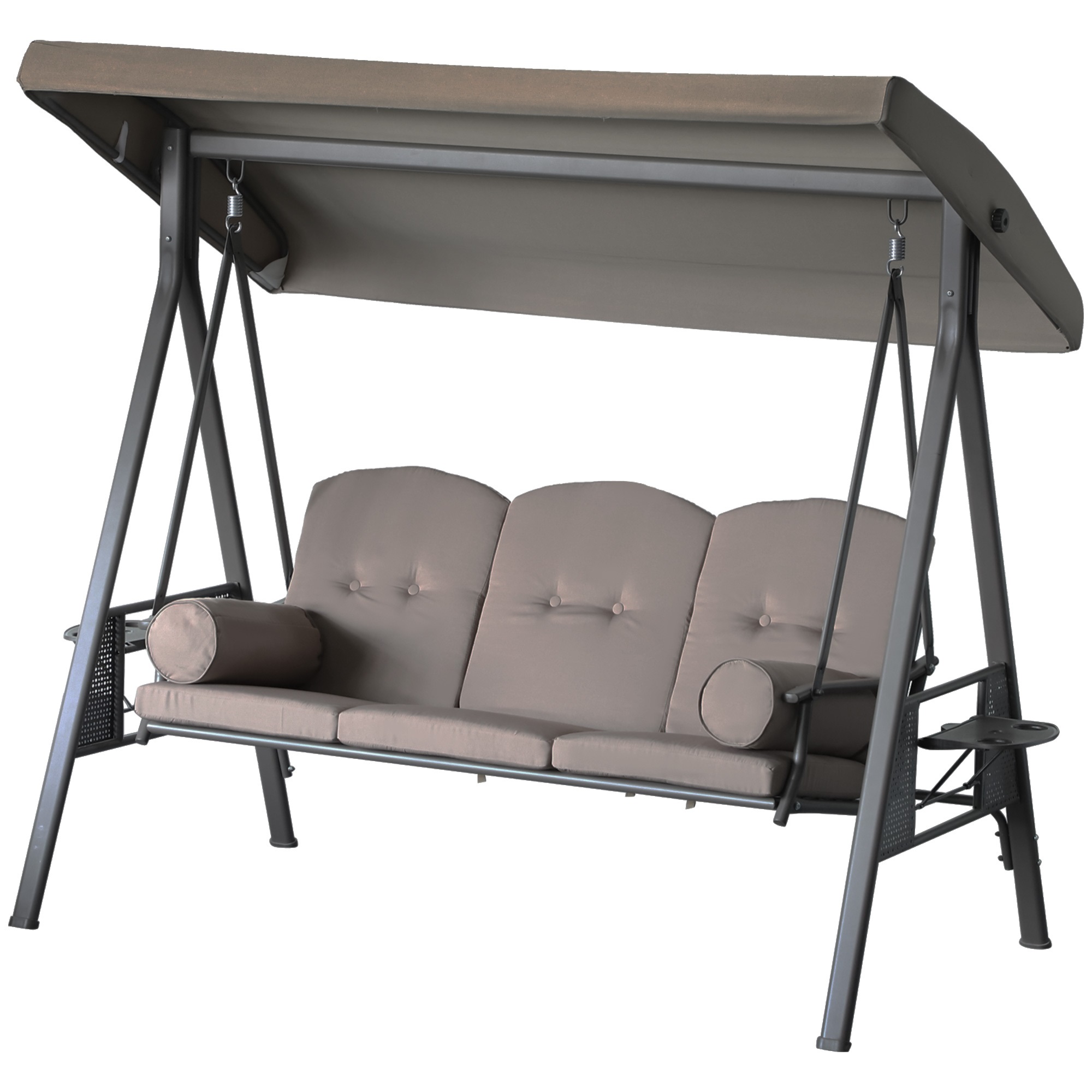 Outsunny Garten-Schaukel 3-Sitzer Großer Komfort Verstellbares Dach Kissen Ausziehbare Tablettspalten Gesponnenes Polyester Beige