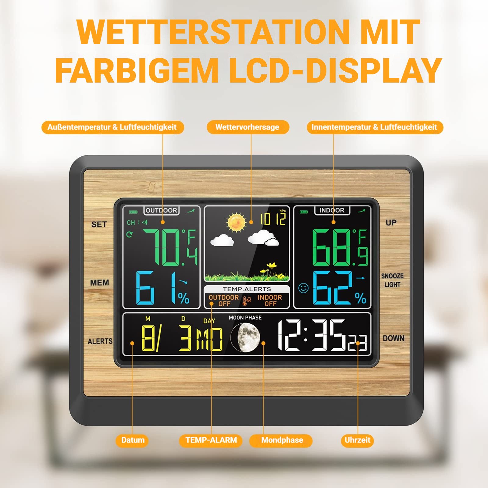Wetterstation Funk-Wetterstation mit Außensensor, 6 Zoll Farbdisplay & Holzoptik