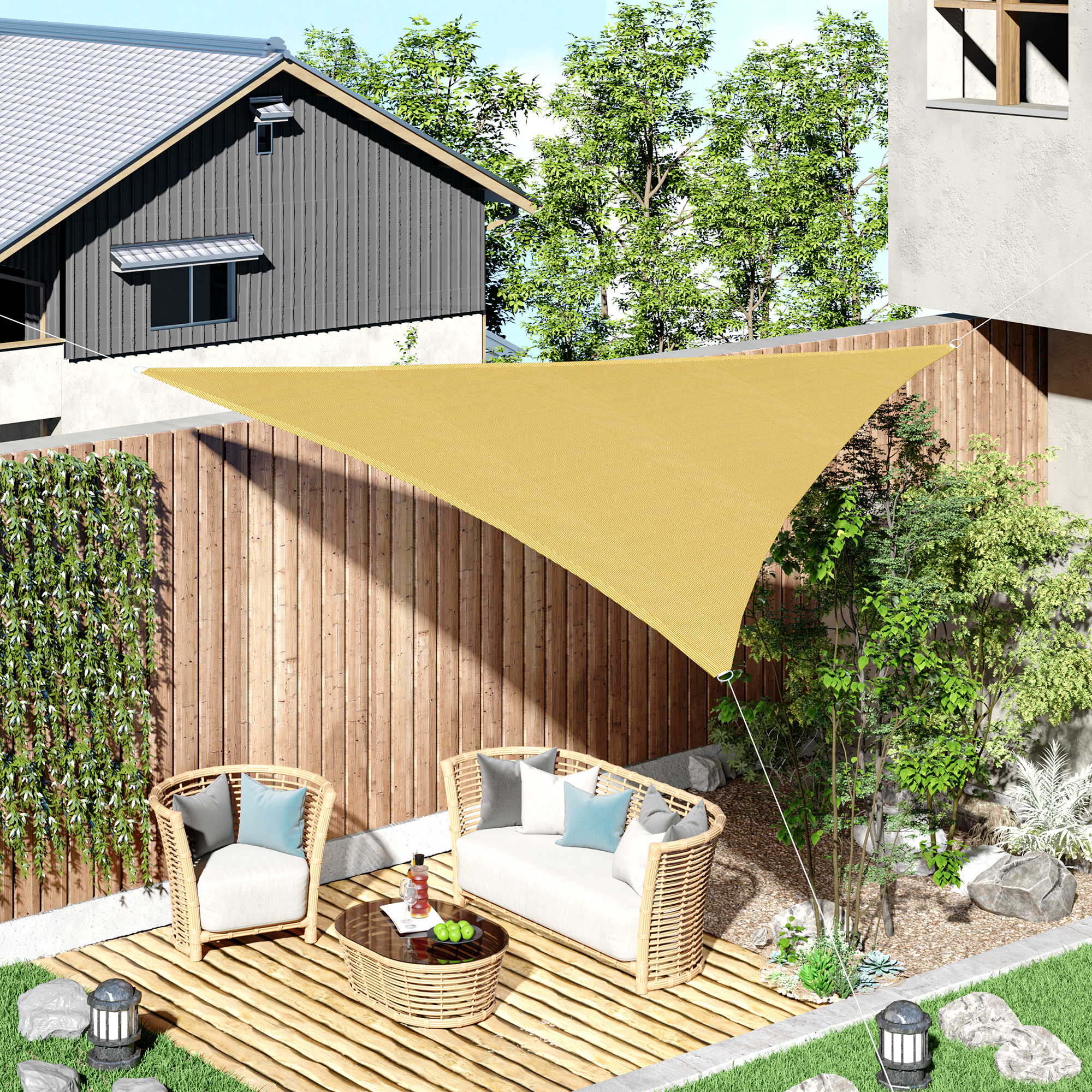 Outsunny Großes dreieckiges Sonnensegel 5 x 5 x 5 m aus UV-beständigem HDPE Sand